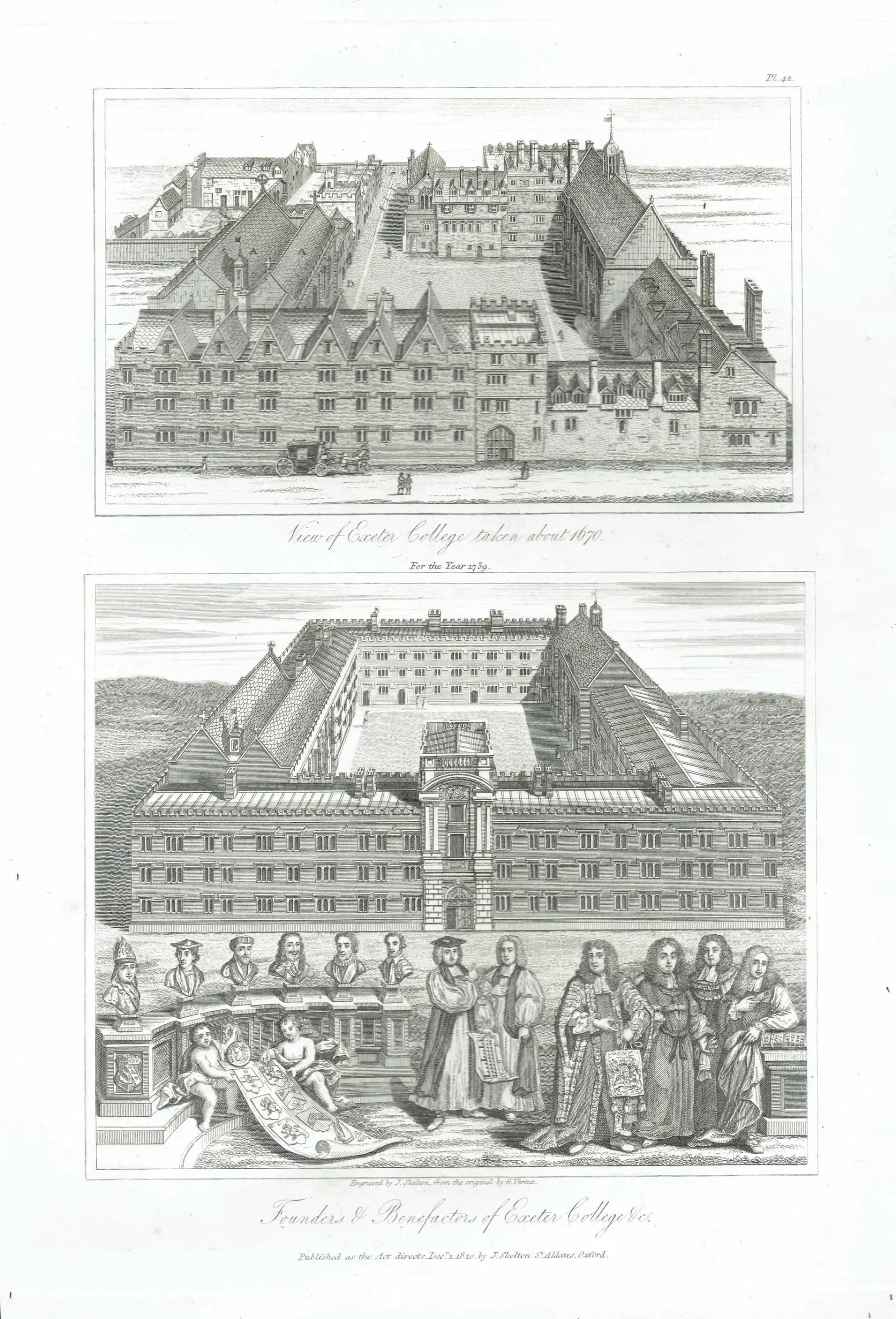 1820 Exeter College Oxford - Original Antique Engraving By Skelton - University Architecture Historical Founders Plate 42 - 8.25 x 11 in