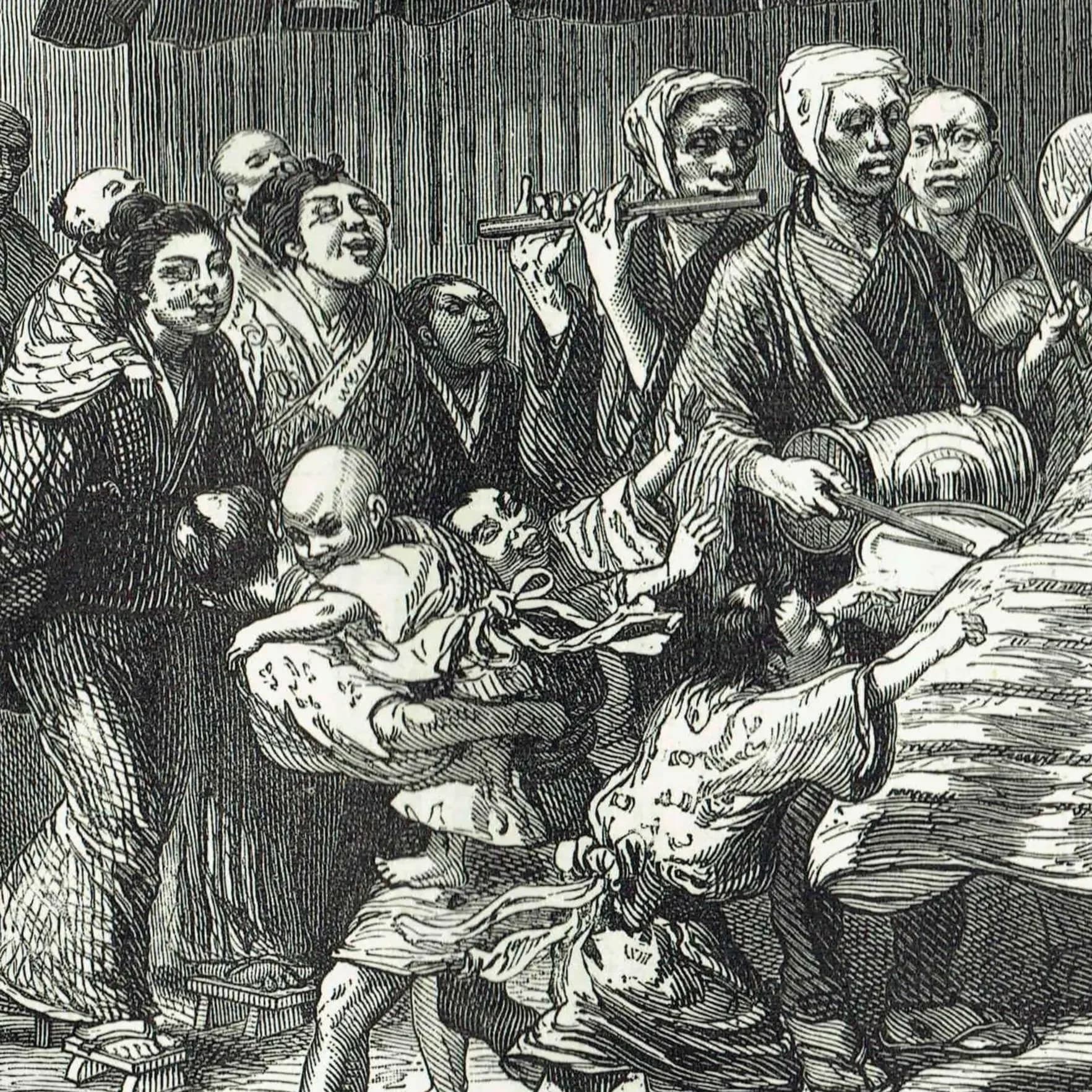 1875 Street Mountebanks in Yedo - Antique Engraving - Japan Tokyo Street Scene Victorian Travel H W Bates - 11.5 x 8 in