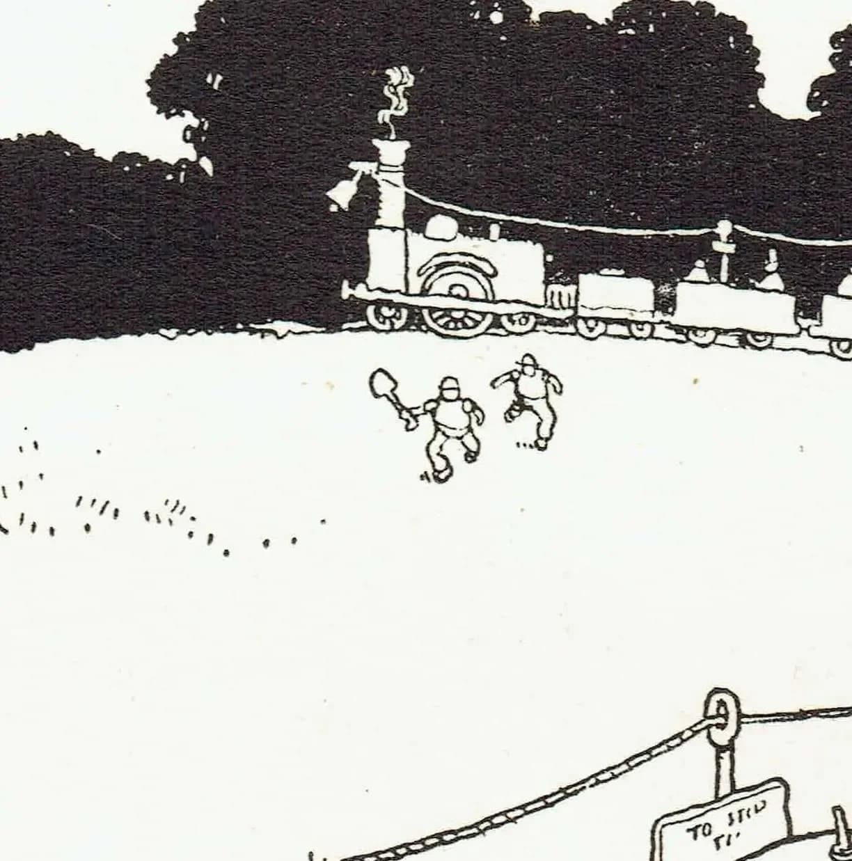 1935 Railway Locomotive Cartoon - Original Vintage Print By Heath Robinson - Great Western Railway Centenary Humour - 7 x 9.5 in