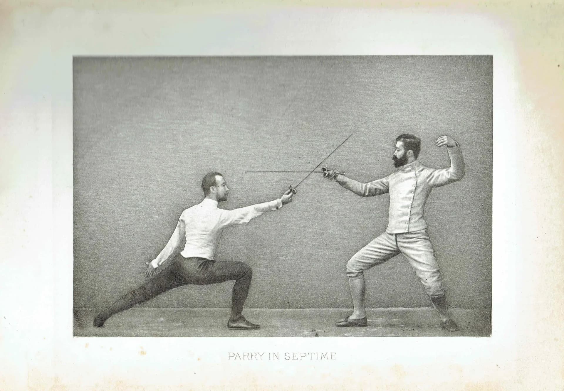 1889 Parry in Septime Fencing Position - Original Antique Engraving - Badminton Library Victorian Sport Combat Technique - 5 x 7 in