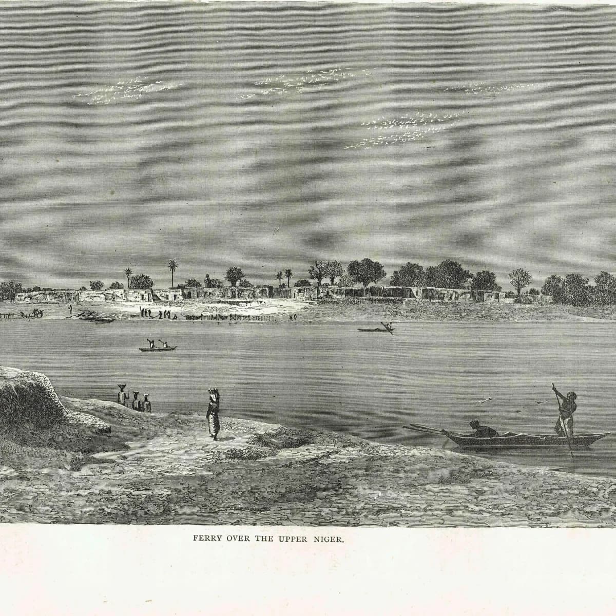 1875 Ferry Over the Upper Niger - Antique Engraving - West Africa River Scene Victorian Travel Geography - 11.5 x 8 in