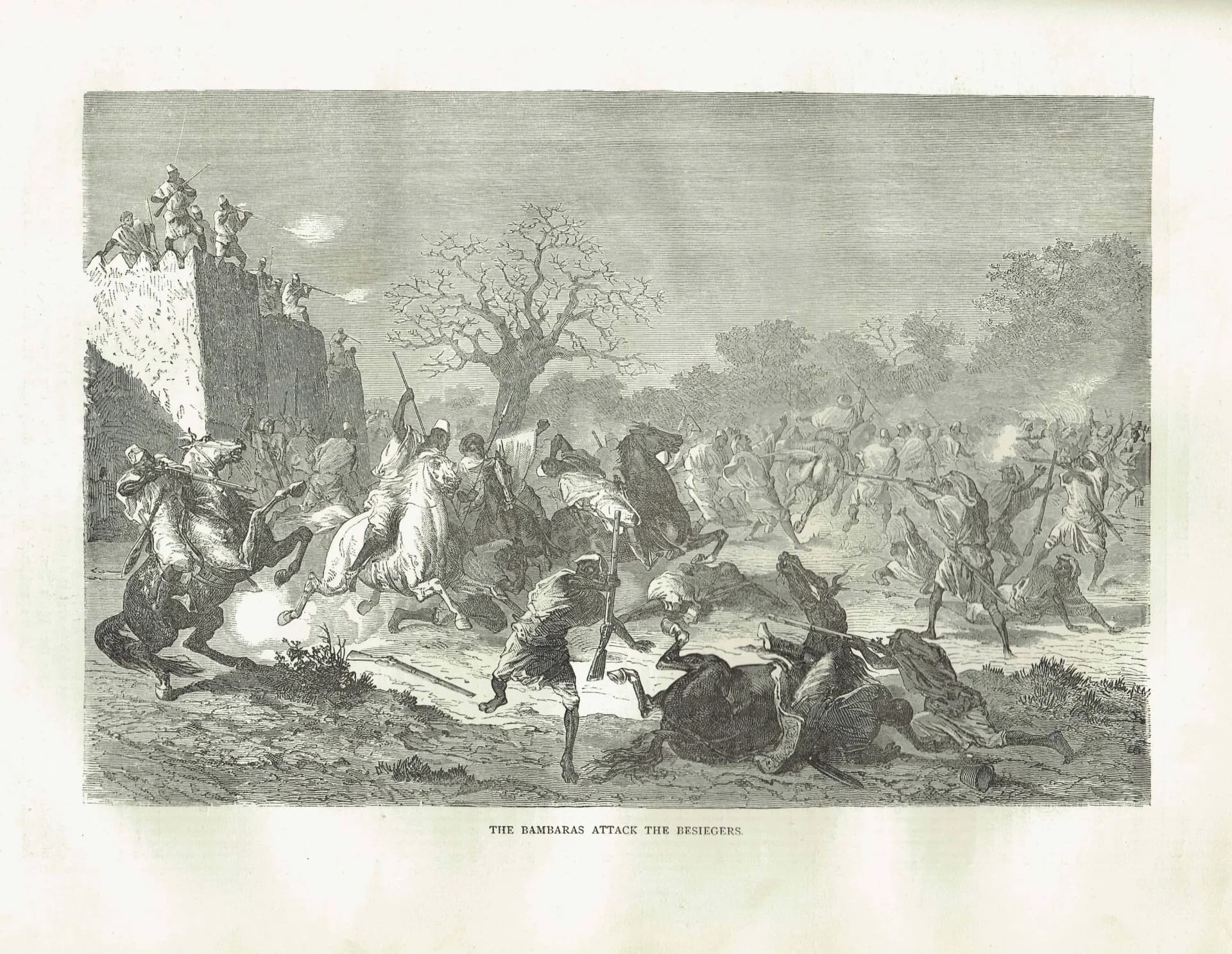 1871 Bambaras Attack the Besiegers - Antique Engraving - West Africa Battle Scene Illustrated Travels - 11.5 x 8 in