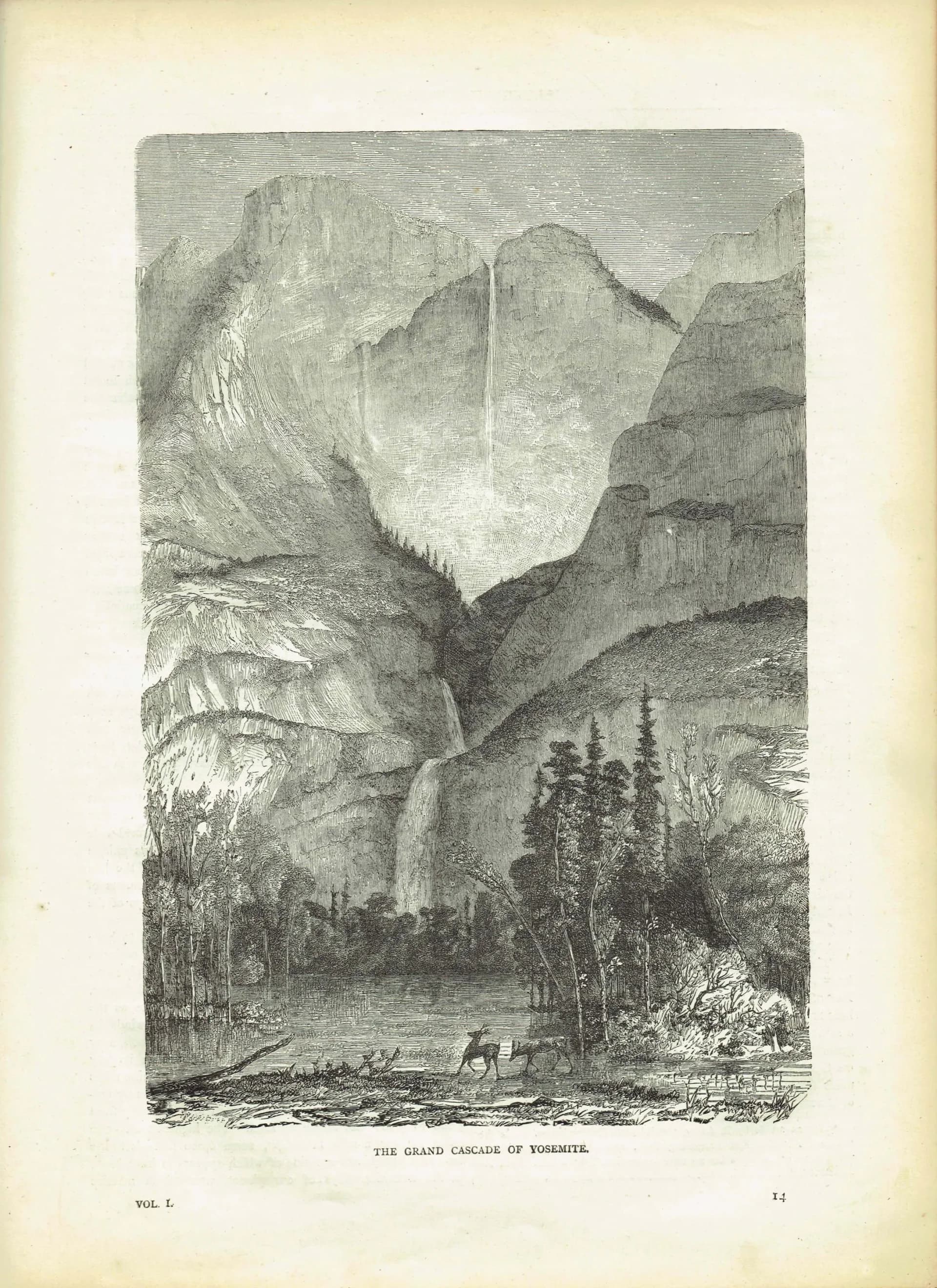 1870s Yosemite Waterfall - Grand Cascade Mountain Landscape - Victorian Original Woodblock Print - 8.5 x 12 in