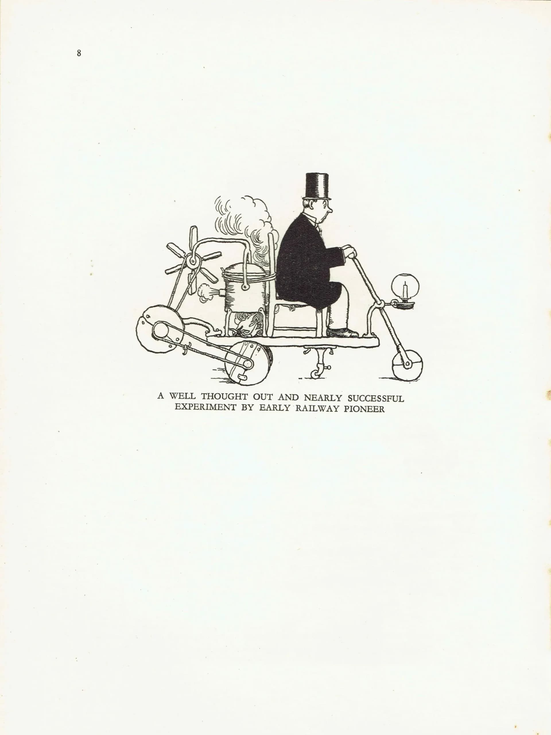 1935 Railway Pioneer Contraption - Original Vintage Print By Heath Robinson - Great Western Railway Centenary Humorous Cartoon - 7 x 9.5 in