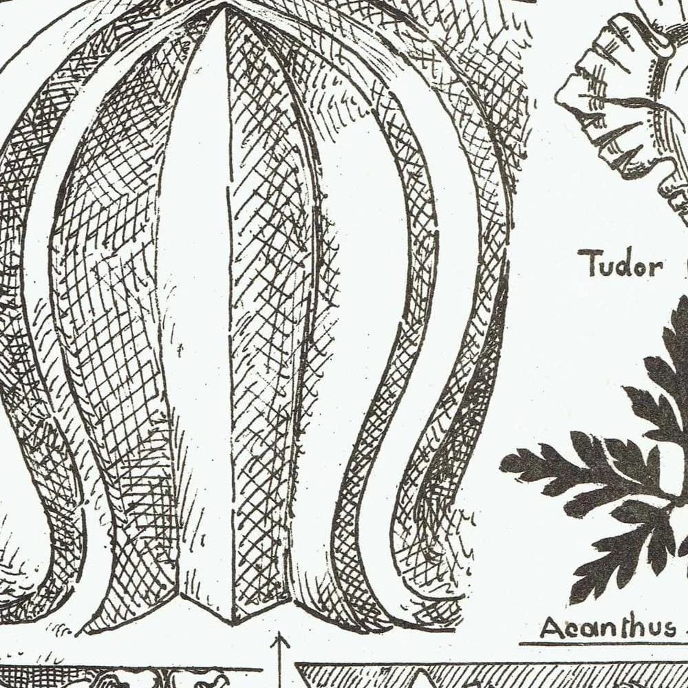 1898 Foliage Carving Architecture Print - Tudor Foliation, Acanthus & Iris Motifs - Antique Decorative Design Plate - 8 x 10.75 in