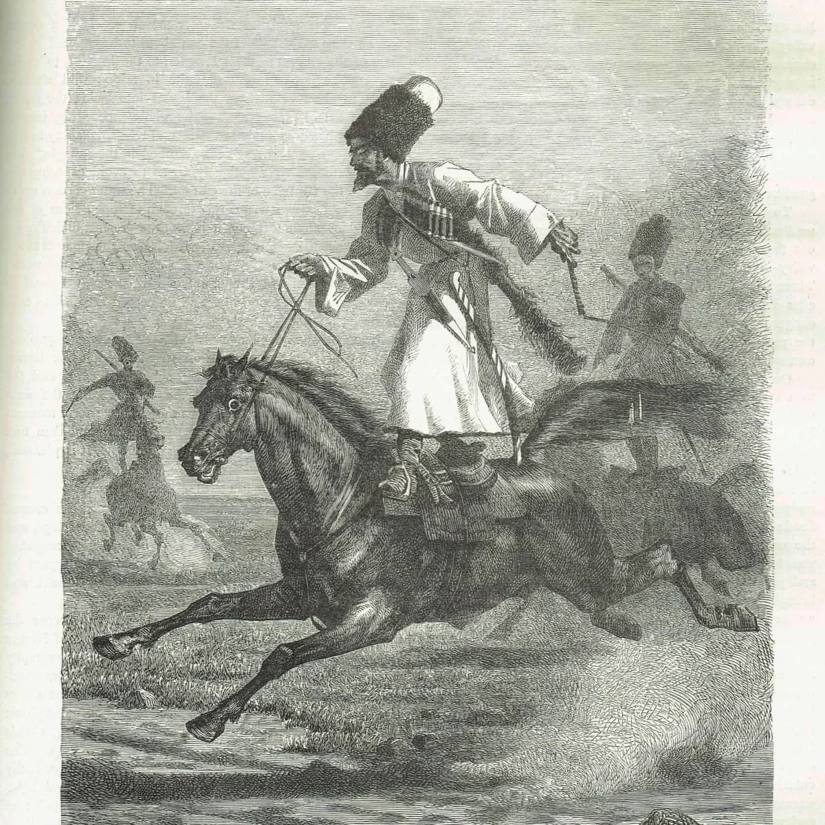 1871 Djighitoffka Cossacks - Antique Engraving By Bates - Illustrated Travels Vol 2 Cossack Horsemen - 8 x 11.5 in