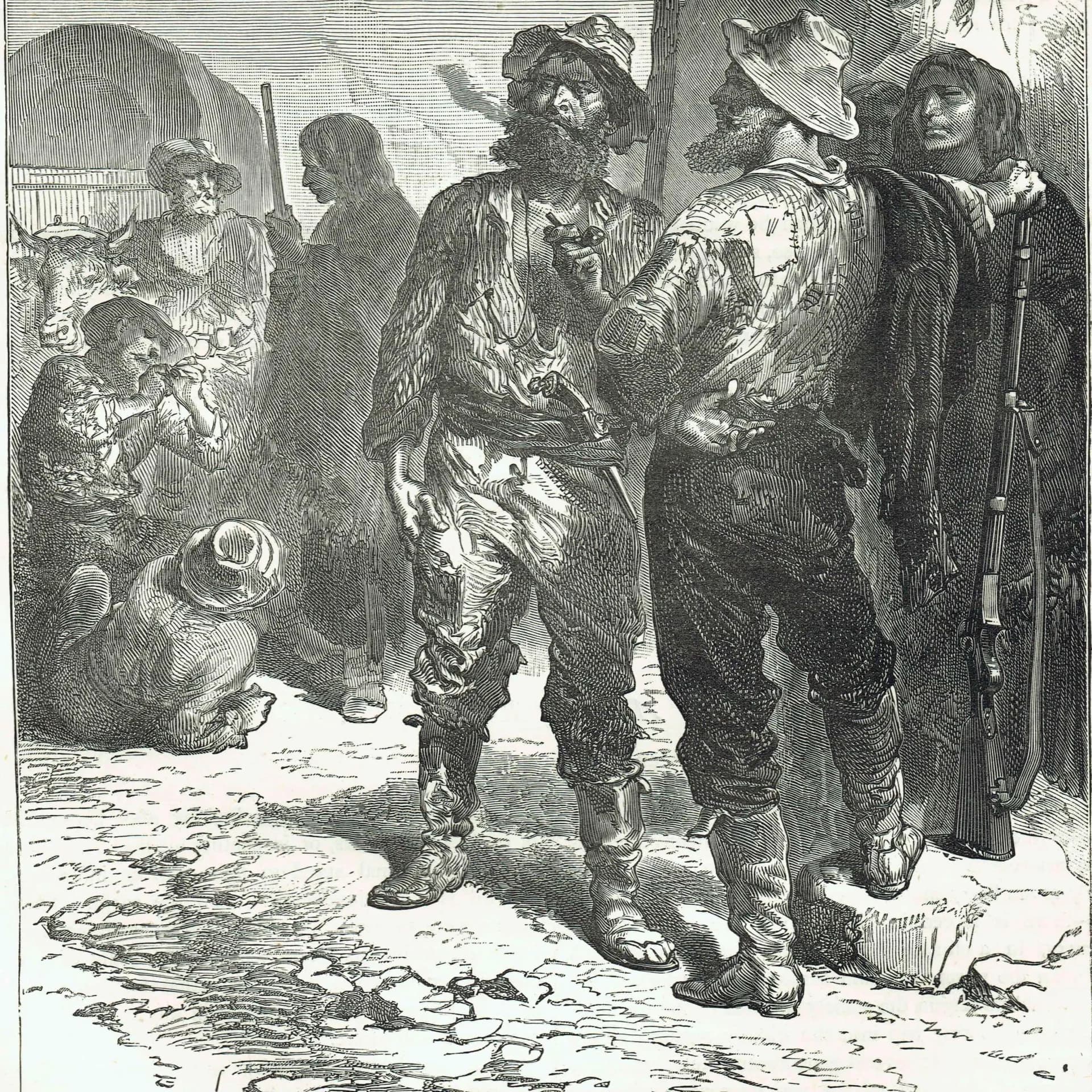1875 Backwoodsmen & Indians - Antique Engraving - Illustrated Travels Vol 6 Victorian American Frontier Scene - 8 x 11.5 in
