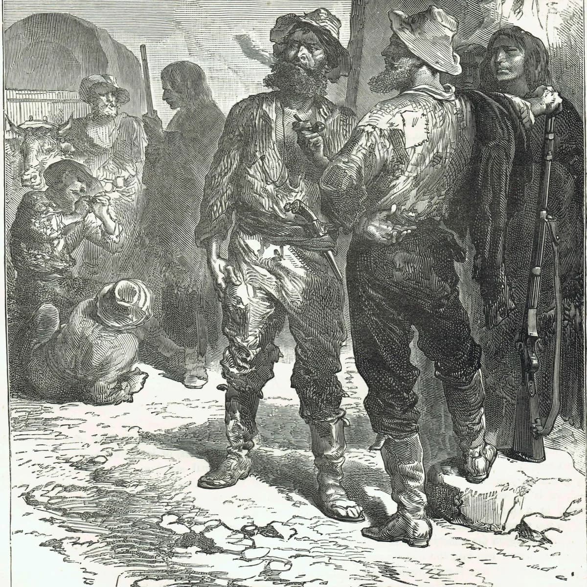 1875 Backwoodsmen & Indians - Antique Engraving - Illustrated Travels Vol 6 Victorian American Frontier Scene - 8 x 11.5 in