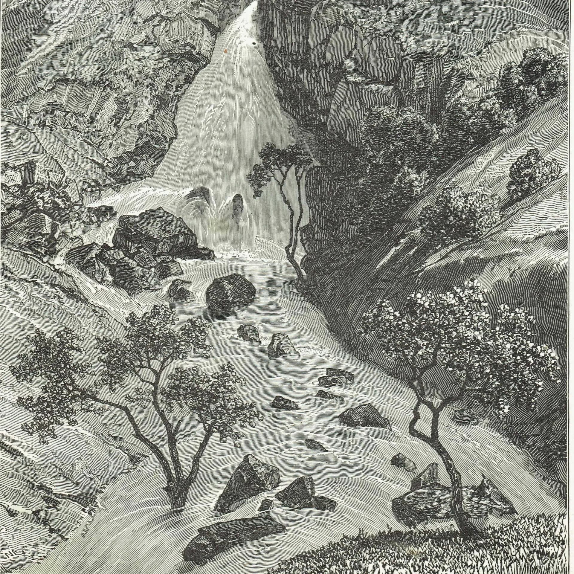 1869 Falls of Davezout Abyssinian Plateau - Original Antique Engraving - Ethiopian Waterfall Geography Adventure Travel - 8.25 x 11 in