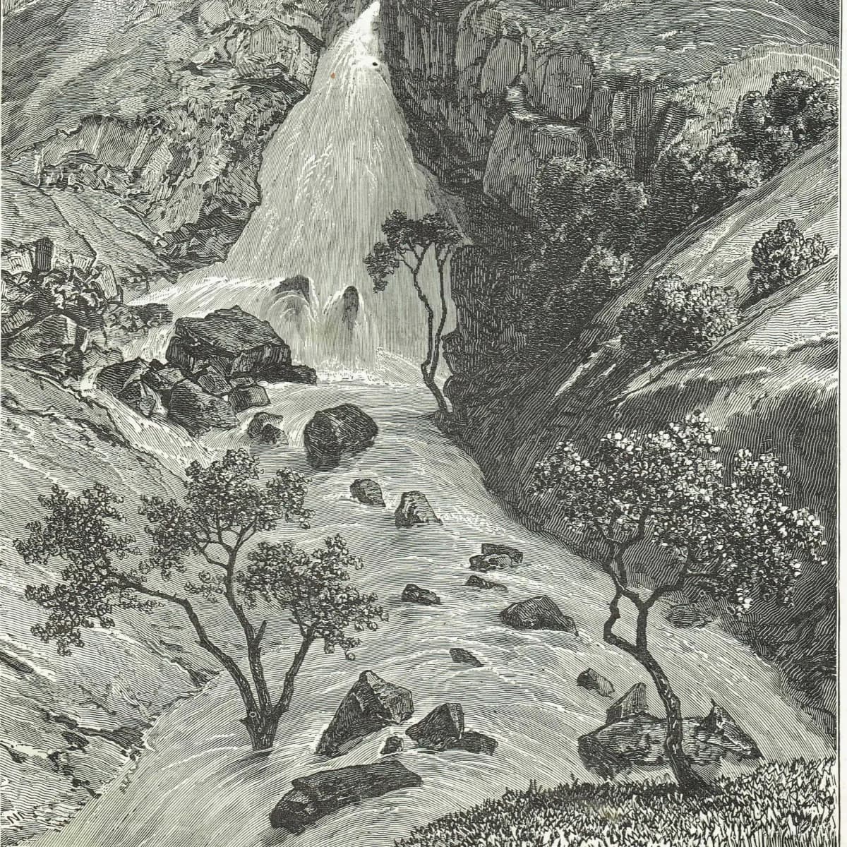 1869 Falls of Davezout Abyssinian Plateau - Original Antique Engraving - Ethiopian Waterfall Geography Adventure Travel - 8.25 x 11 in