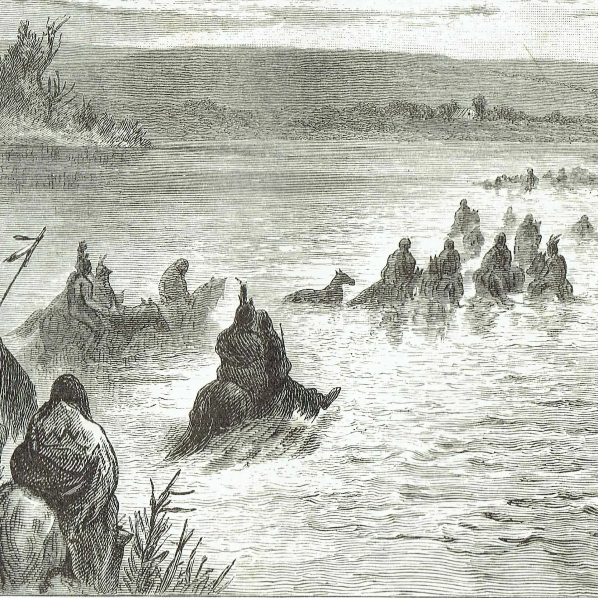 1885 Antique print Blackfeet Indians Crossing River - artist Sydney Hall - engraved By Whymper - Canada Indigenous - 10.75 x 7.25 in