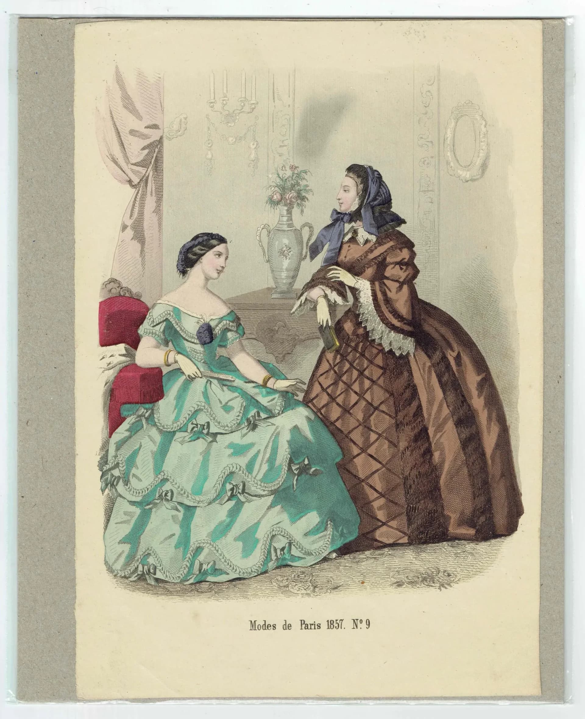 1857 Modes de Paris No.9 Print - Hand-Coloured Fashion Plate - Parisian Dress Costume History - 9.75 x 6.75 in