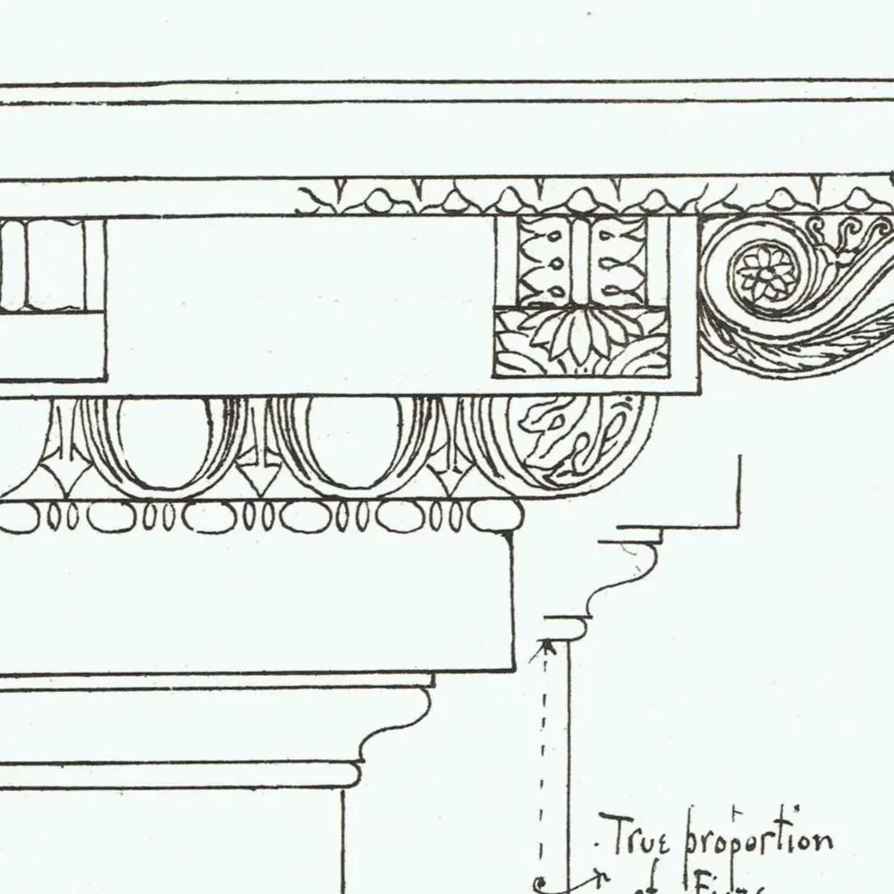1898 Classic Architectural Frieze Print - Corinthian Entablature, Decorative Mouldings & Ornament - Antique Plate - 8 x 10.75 in