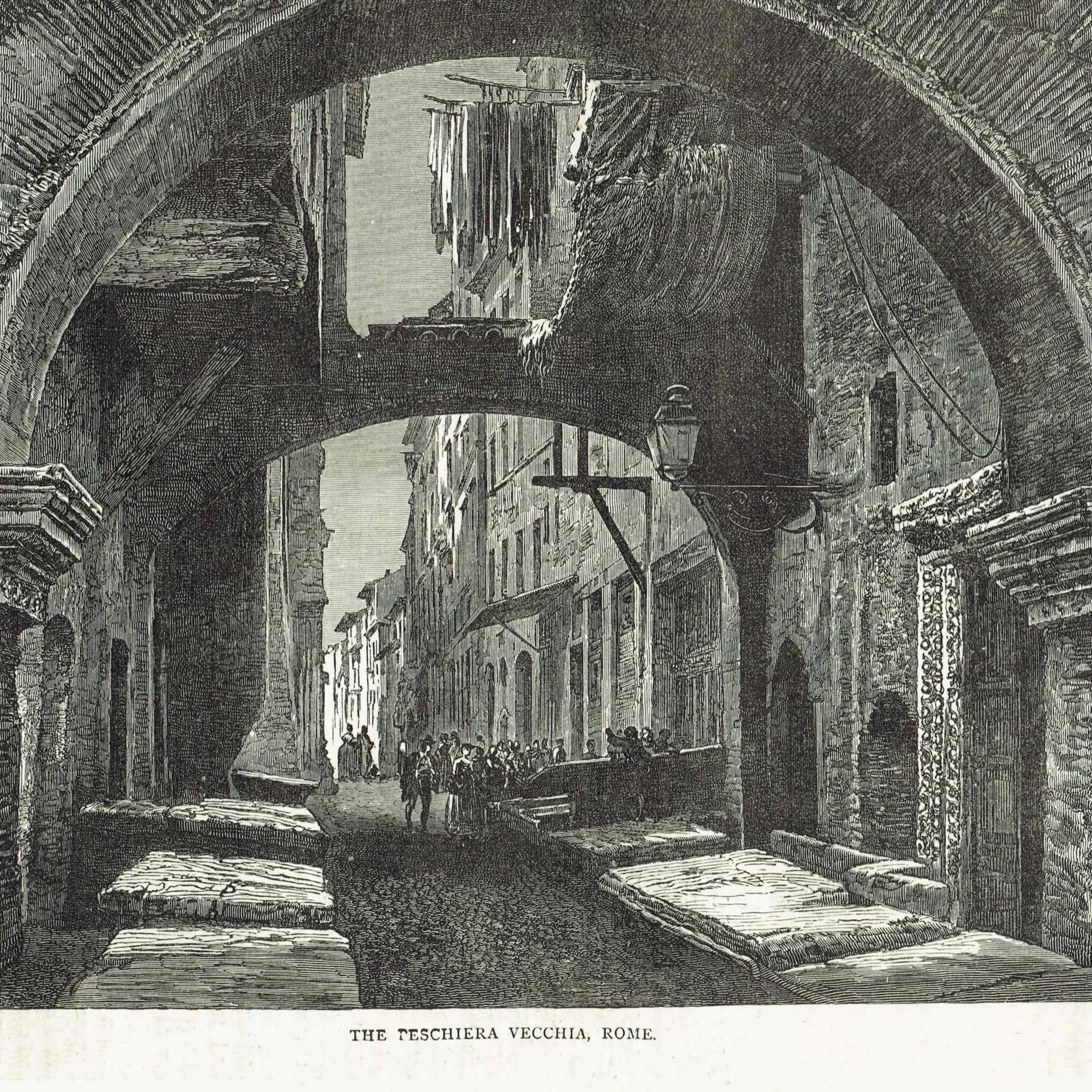 1875 Peschiera Vecchia Rome - Antique Engraving - Victorian Italy Street Scene Architecture Travel Print - 11.5 x 8 in