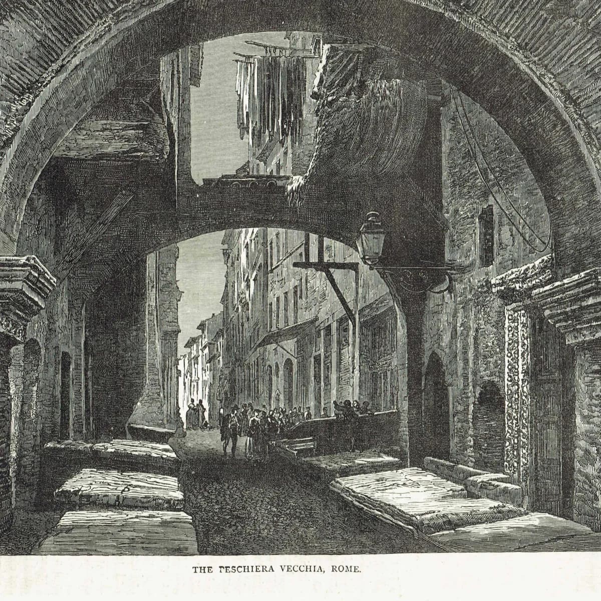 1875 Peschiera Vecchia Rome - Antique Engraving - Victorian Italy Street Scene Architecture Travel Print - 11.5 x 8 in