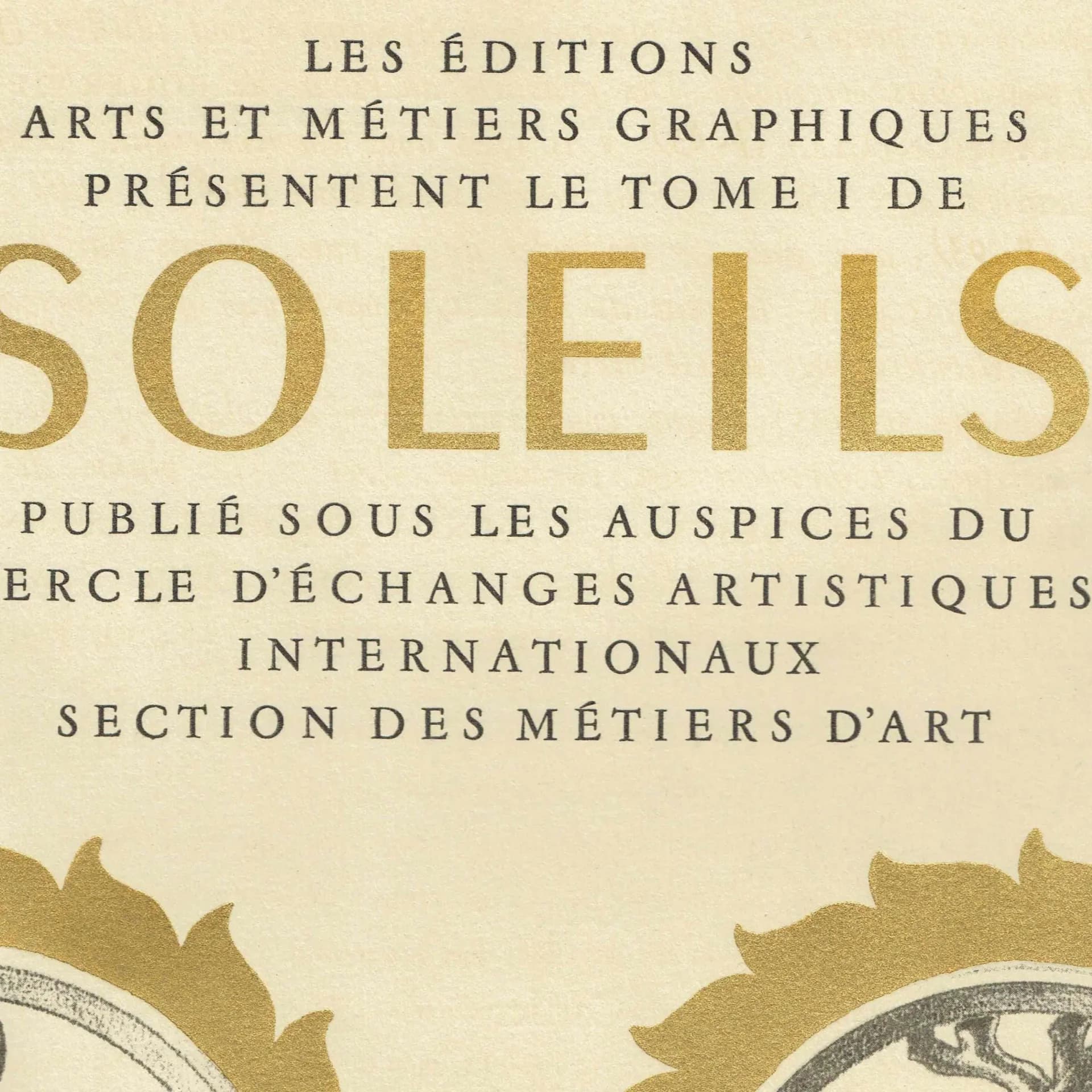 1947 Soleils Title Page Gold Sun Medallions - Original Vintage Print - Paris Luxury Folio Arts et Métiers Graphiques - 10 x 13.5 in