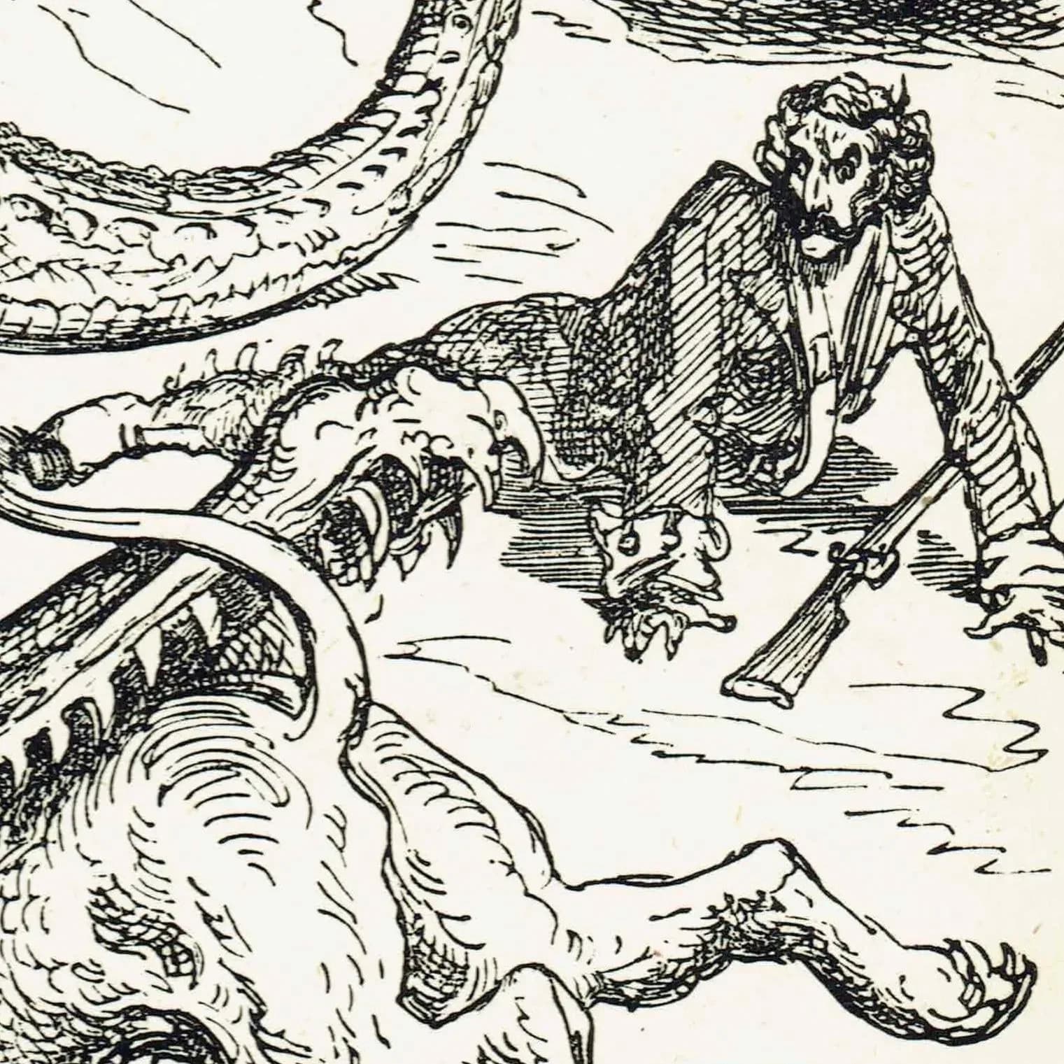 1867 Baron Munchausen Sea Serpent Battle - Original Antique Print By Doré - Fantasy Adventure Literary Illustration - 6 x 9 in