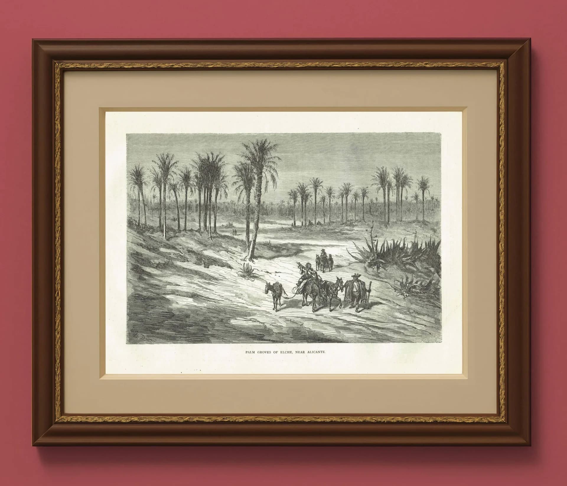 1870s Original Detailed Spanish Palm Grove Landscape Woodblock Print - Victorian Travel Book Drawing - Antique Alicante Scene - 12 x 8.5 in