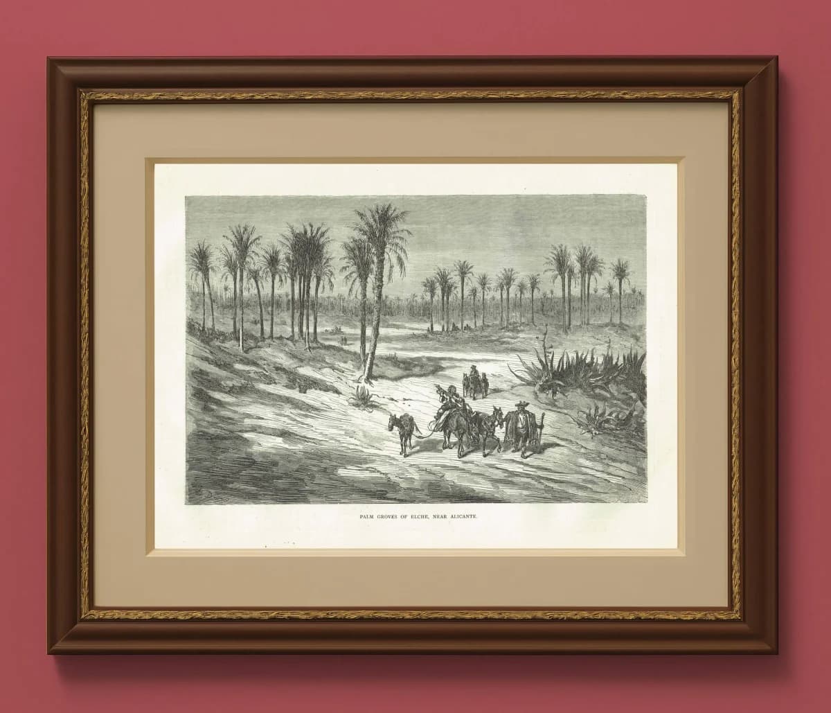 1870s Original Detailed Spanish Palm Grove Landscape Woodblock Print - Victorian Travel Book Drawing - Antique Alicante Scene - 12 x 8.5 in