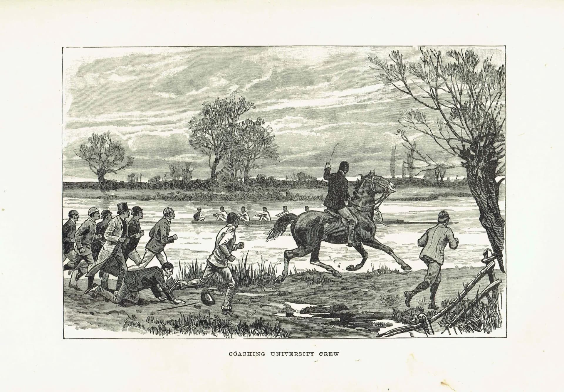 1891 Coaching University Crew - Original Antique Engraving By Dadd - Victorian Rowing Sport Badminton Library Boating - 7 x 4.75 in
