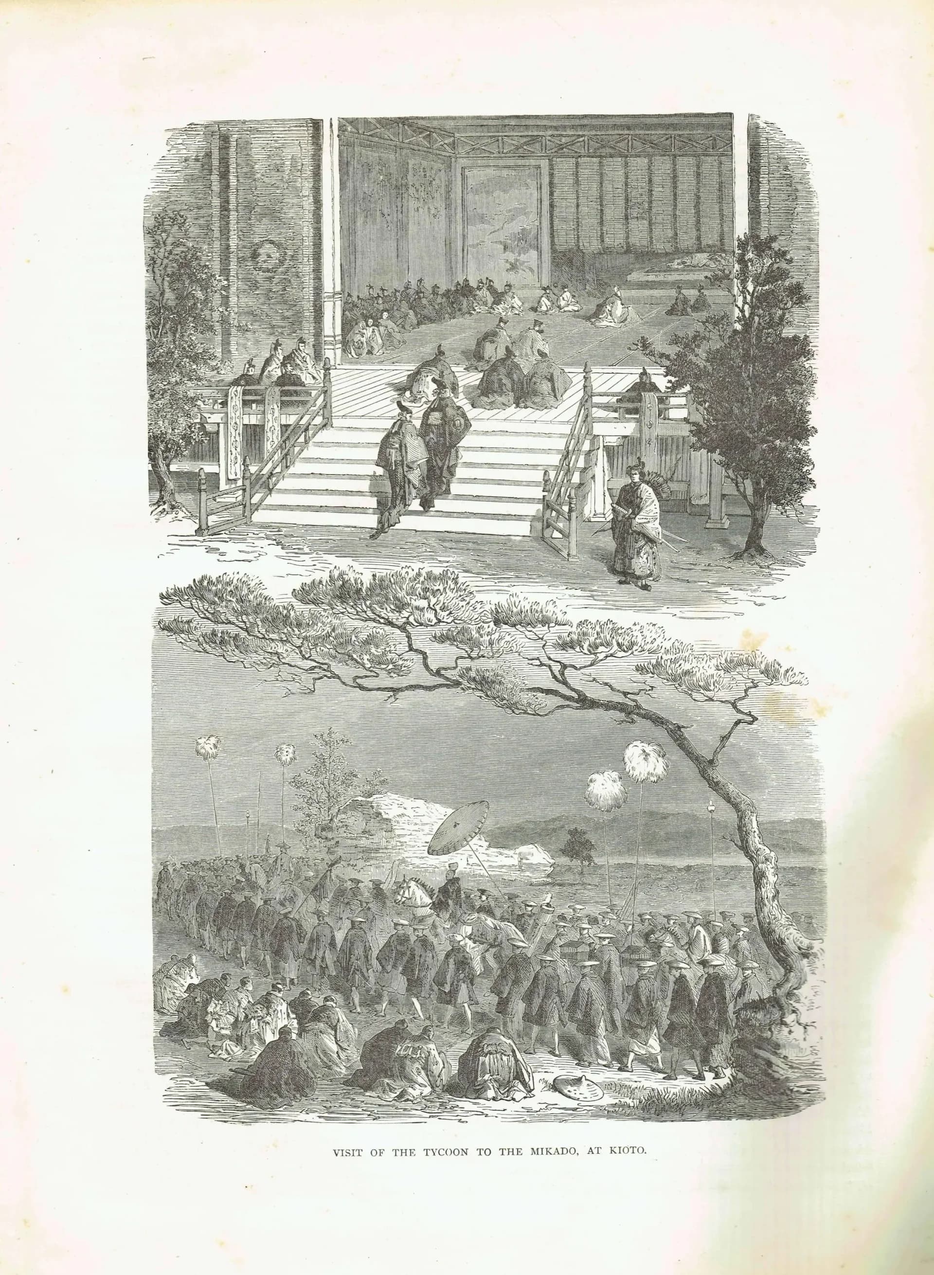 1869 Visit of Tycoon to Mikado Kioto - Original Antique Engraving - Japanese Imperial Ceremony Illustrated Travels - 8.75 x 11.75 in