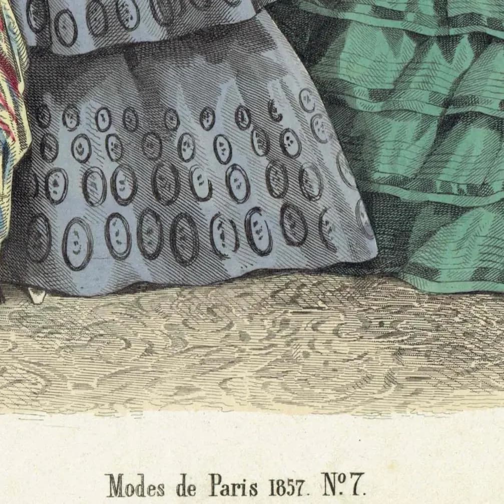 1857 Modes de Paris No. 7 Print - Hand Coloured Fashion Plate - Victorian Women's Dresses - 9.75 x 6.75 in