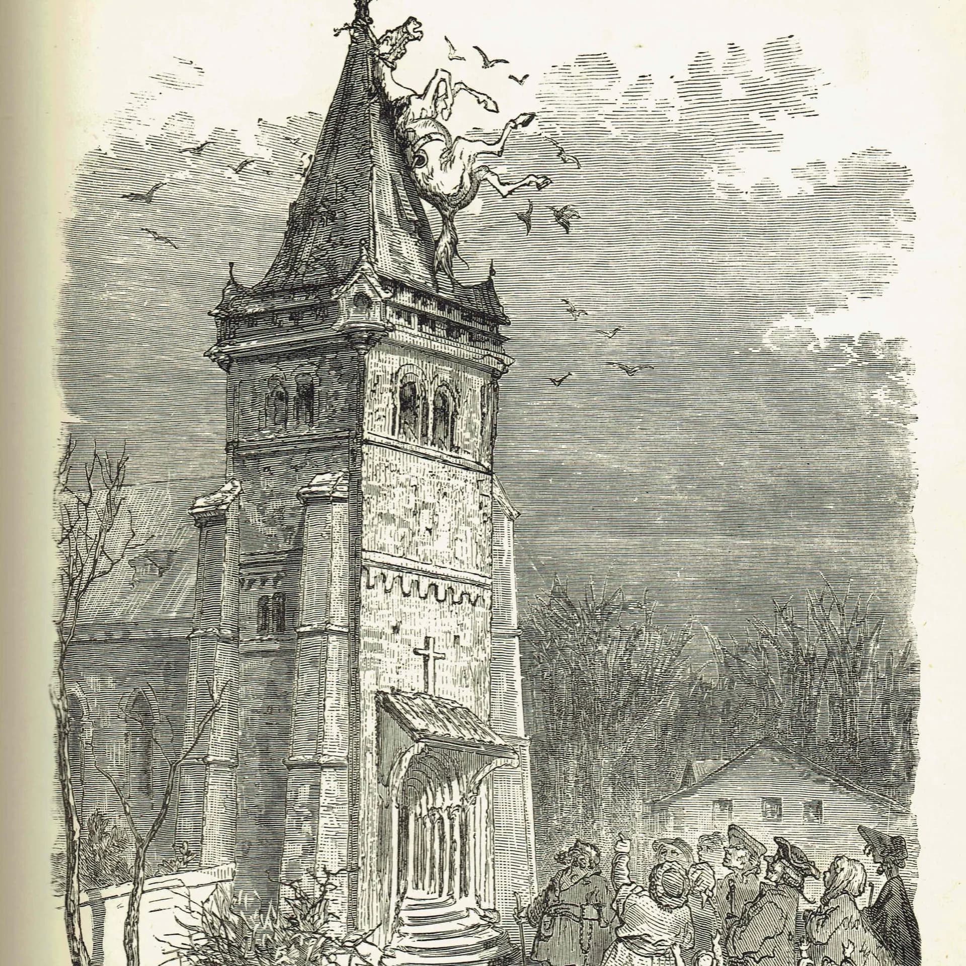 1867 Baron Munchausen Steeple Scene - Original Antique Print By Doré - Fantasy Adventure Literary Illustration - 6 x 9 in