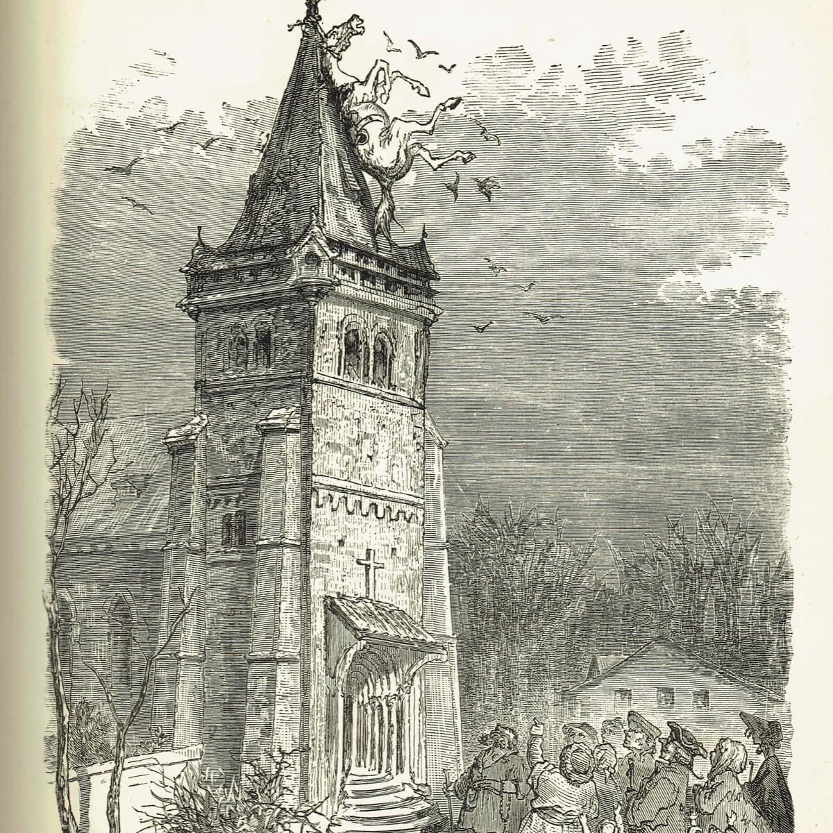 1867 Baron Munchausen Steeple Scene - Original Antique Print By Doré - Fantasy Adventure Literary Illustration - 6 x 9 in