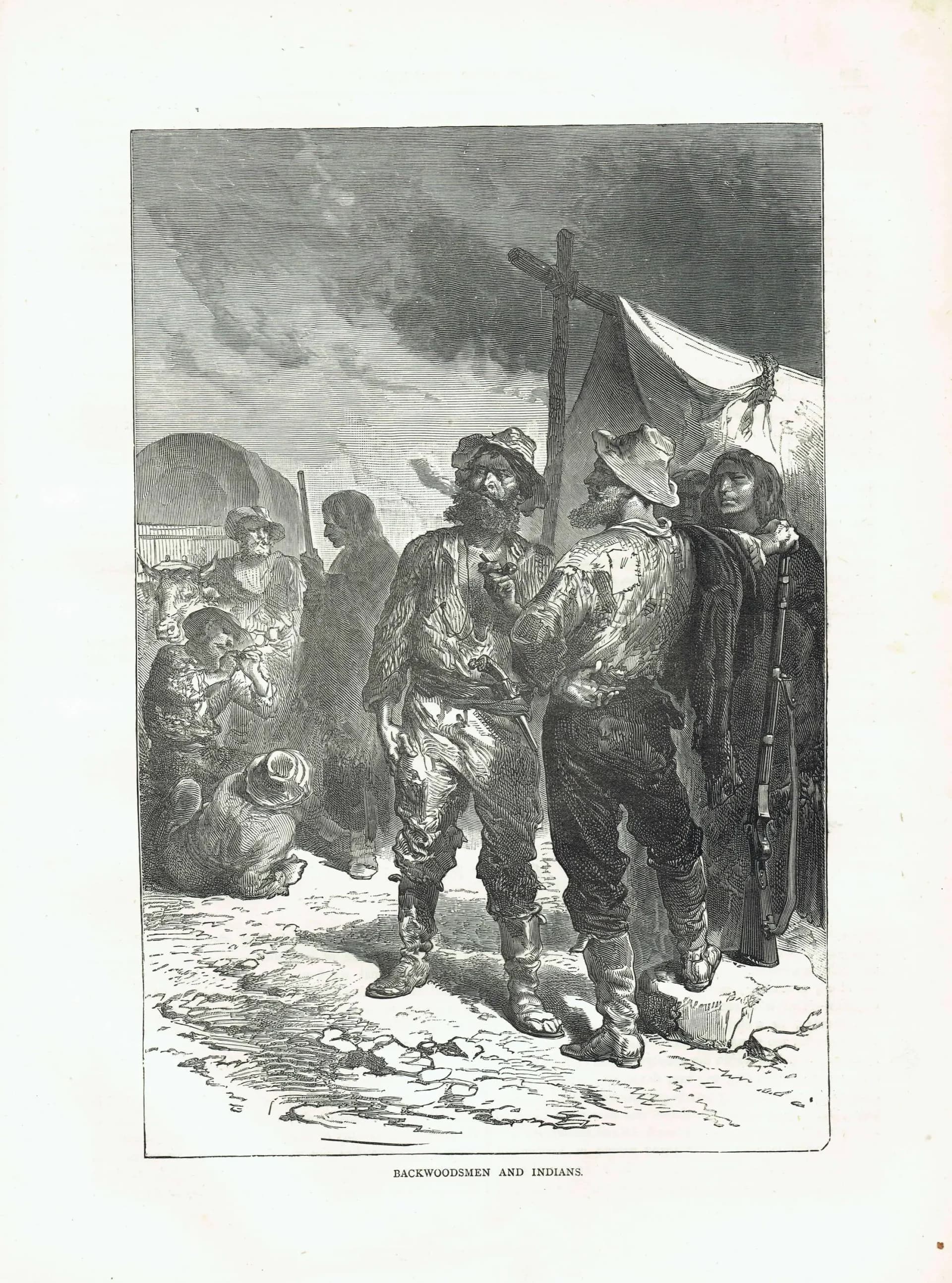 1875 Backwoodsmen & Indians - Antique Engraving - Illustrated Travels Vol 6 Victorian American Frontier Scene - 8 x 11.5 in