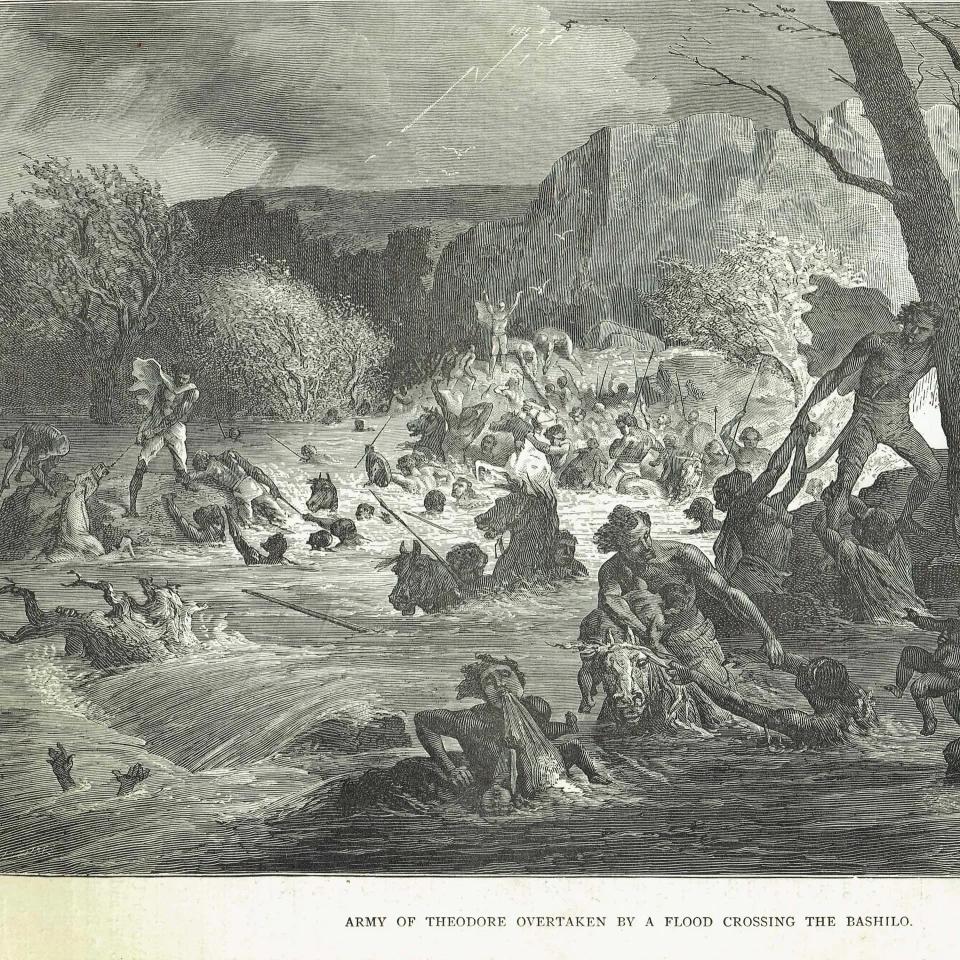 1869 Army of Theodore Crossing Bashilo River - Original Antique Print - Sudan Military History Victorian Exploration Africa - 11.75 x 8.7...