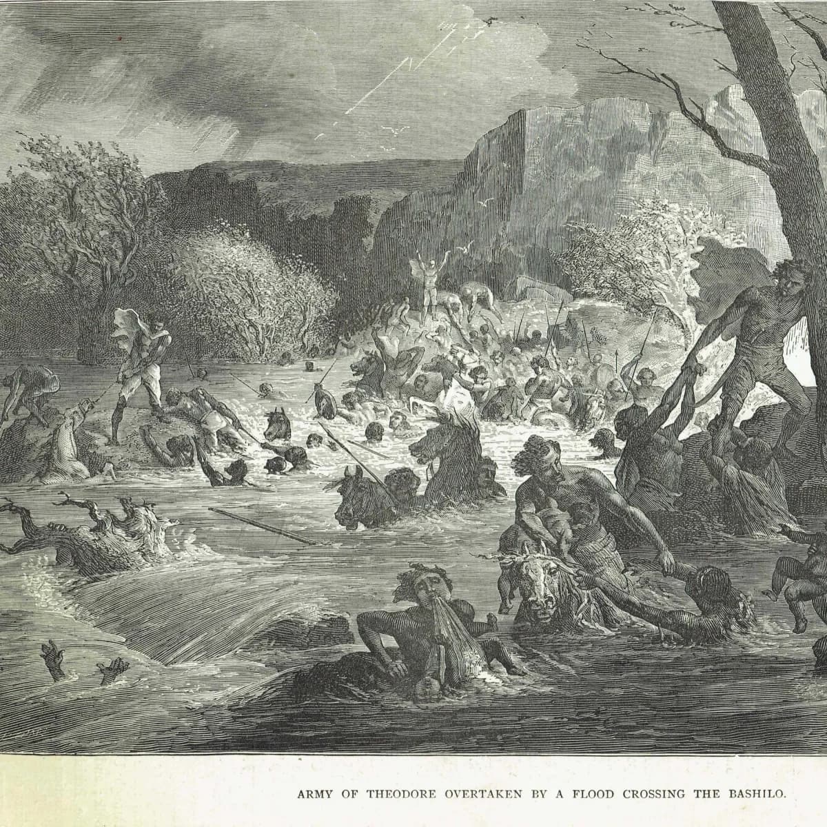 1869 Army of Theodore Crossing Bashilo River - Original Antique Print - Sudan Military History Victorian Exploration Africa - 11.75 x 8.7...