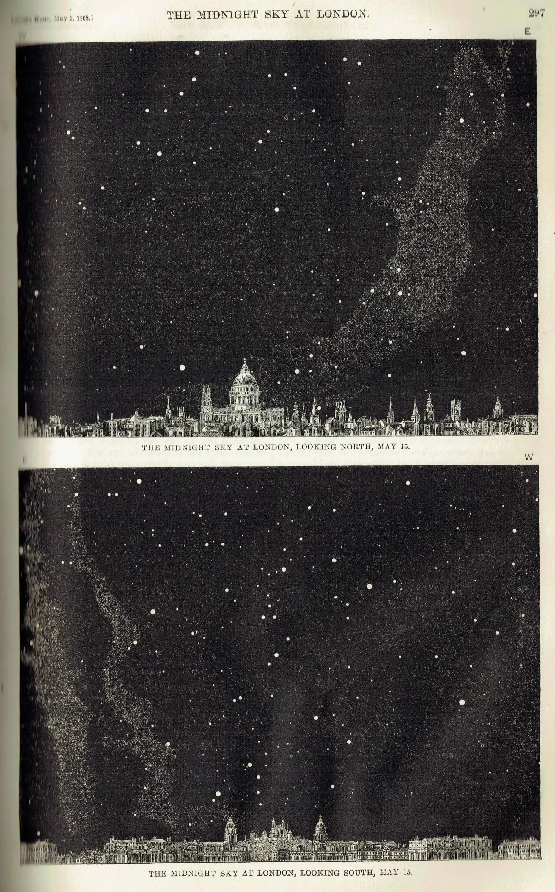 1868 Midnight Sky at London - Original Antique Print - Star Chart North & South Victorian Astronomy Celestial Map - 6.25 x 10 in