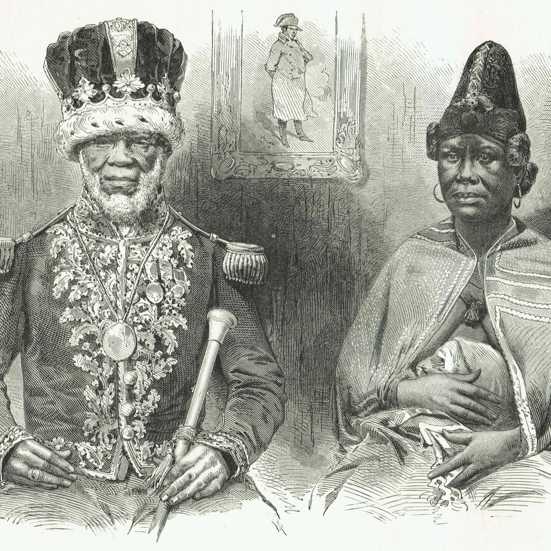 1870s Antique African Royalty Portrait Woodblock Print - King Denis Gaboon Royal Couple - Victorian Travel Book Illustration - 12 x 8.5 in