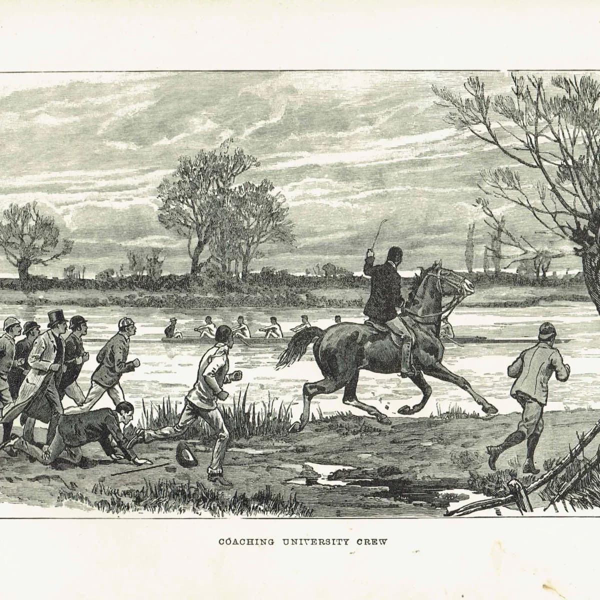 1891 Coaching University Crew - Original Antique Engraving By Dadd - Victorian Rowing Sport Badminton Library Boating - 7 x 4.75 in