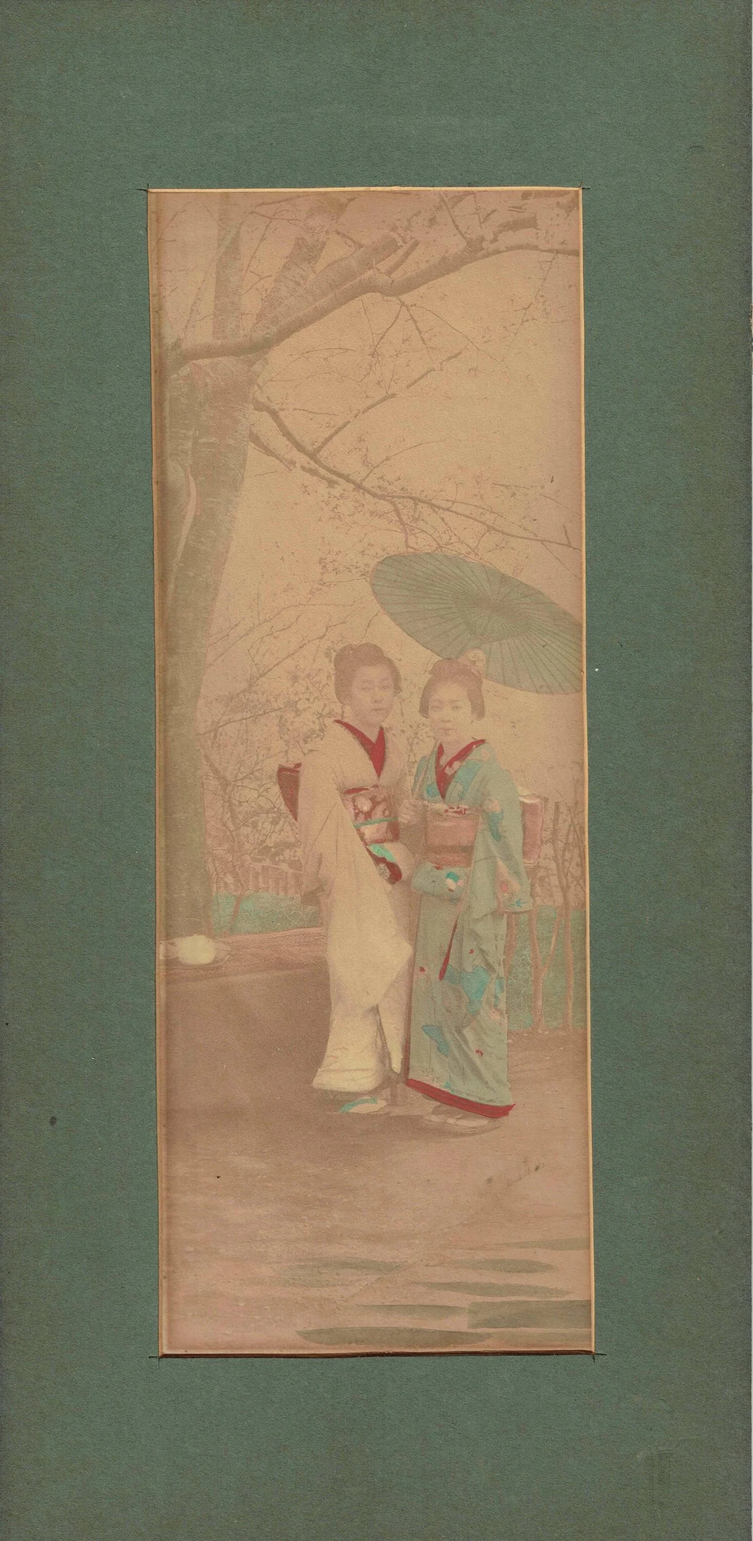 c.1900s Geisha With Umbrella - Original Antique Hand-Tinted Albumen Photograph - Meiji Era Yokohama Studio Kimono Portrait - 7.5 x 15 in