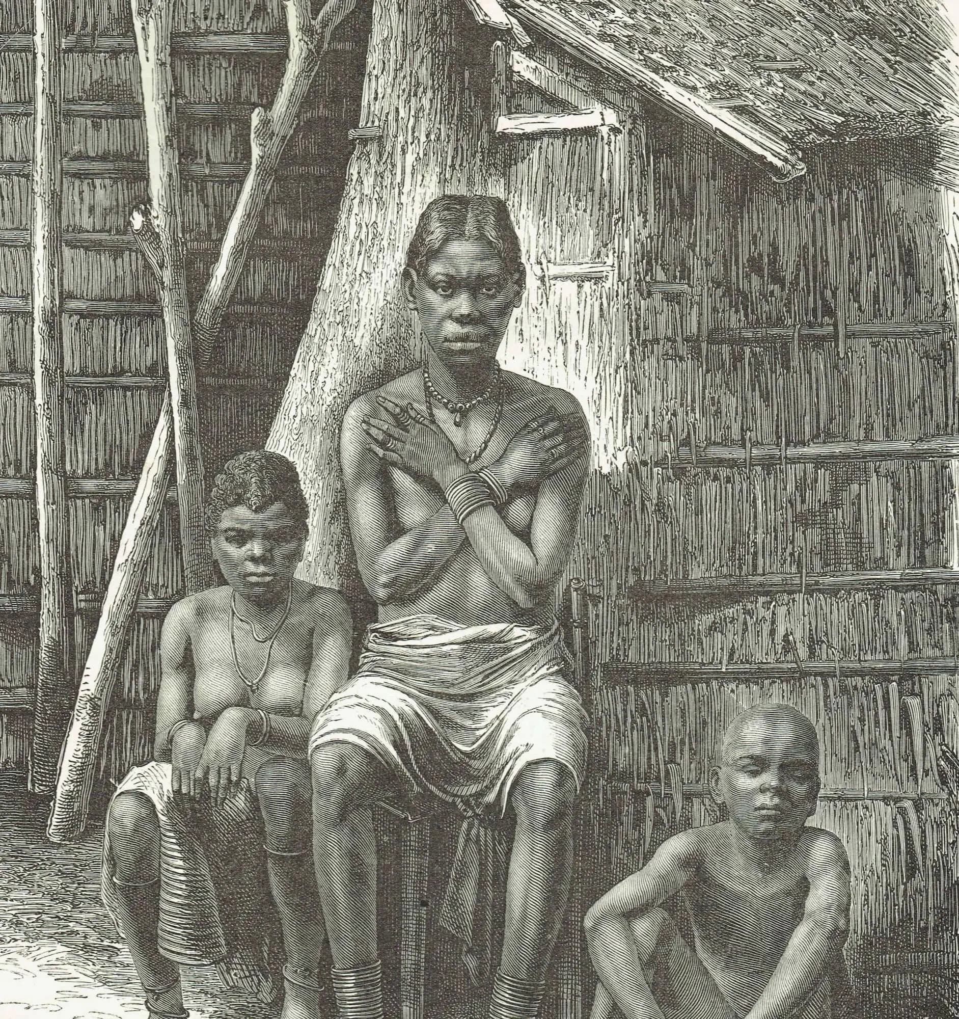 1870s Original Bakalai Woman Children African Portrait Woodblock Print - Victorian Travel Book Illustration - 8.5 x 12 in