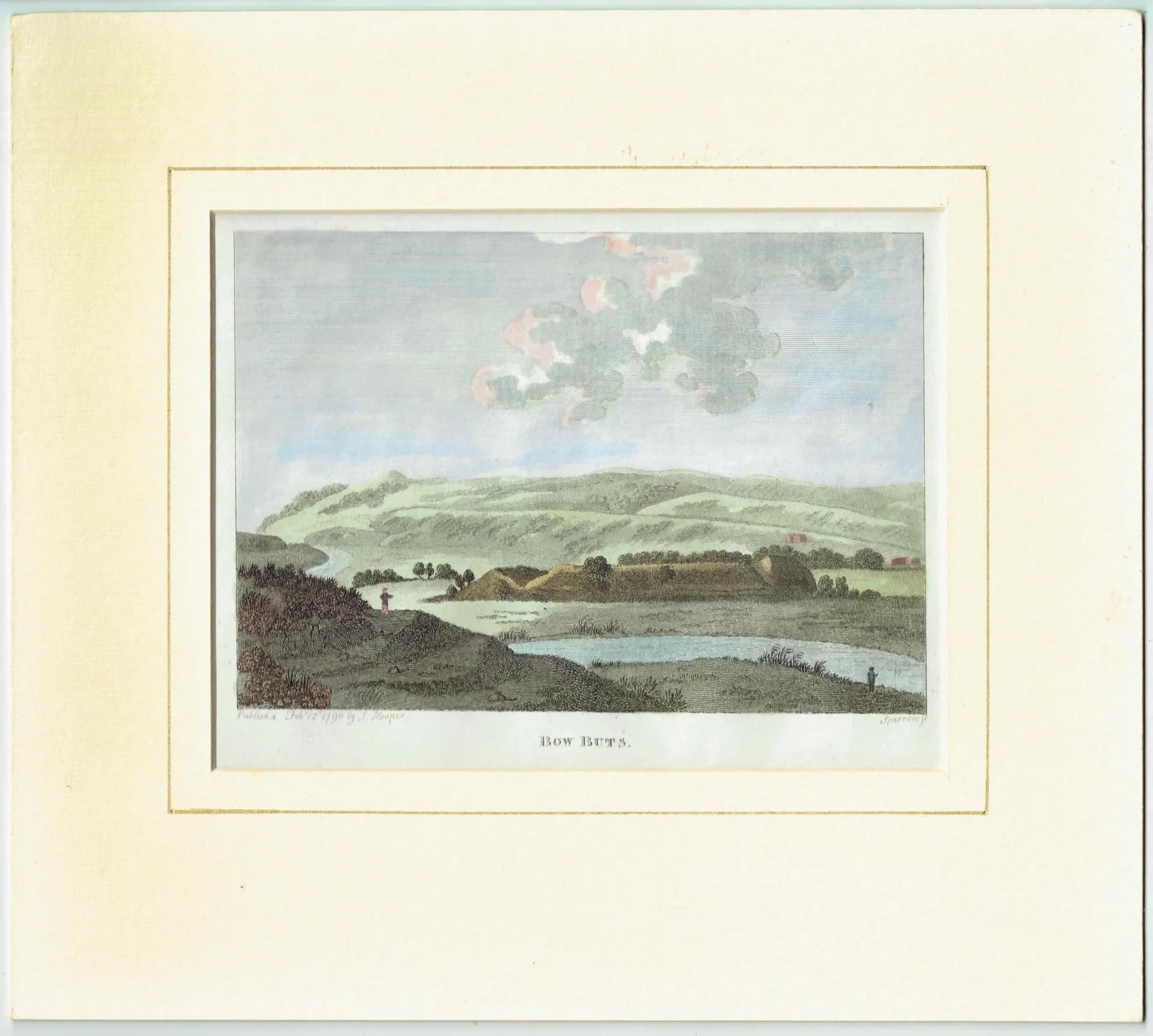 1790 Bow Butts English Landscape Print - Rural River Scene - 18th Century Antique Engraving - Countryside View by L. Parr - 6.75 x 8.75 in