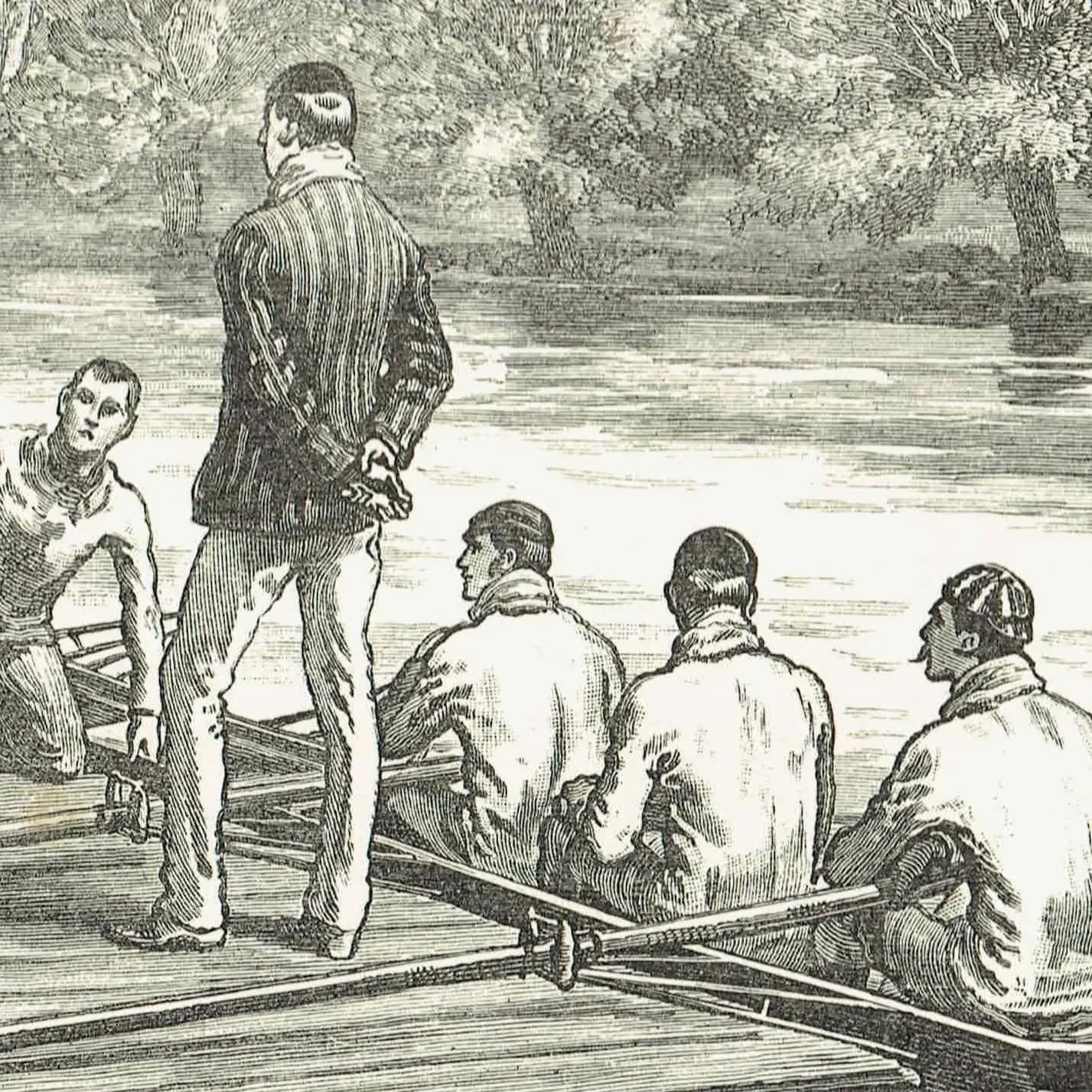 1891 Embarking - Original Antique Engraving By Dadd - Victorian Rowing Crew River Boating Sport Badminton Library - 7 x 4.75 in