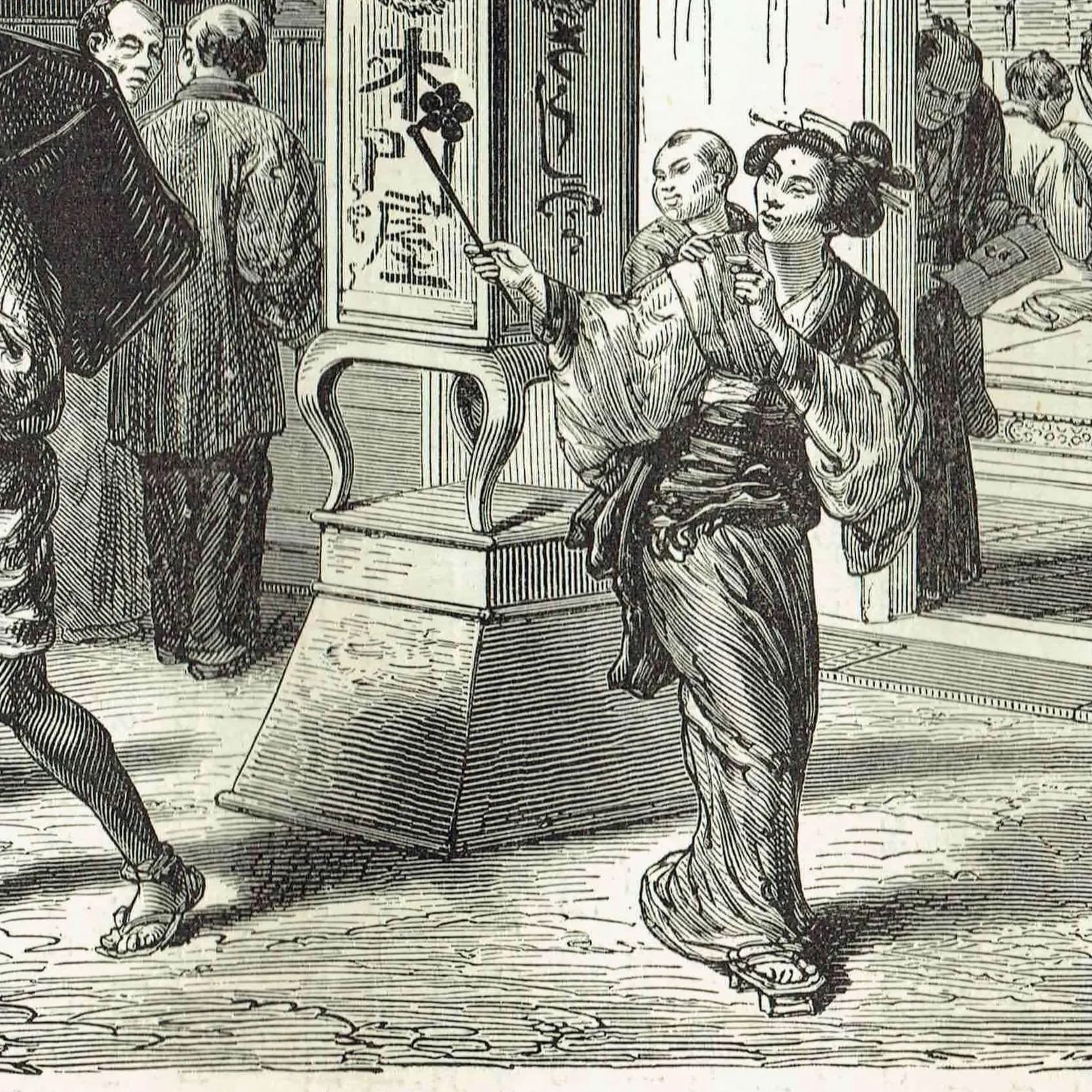 1875 Japanese Street Scene - Antique Engraving - Illustrated Travels Vol 6 Meiji Japan Victorian - 11.5 x 8 in