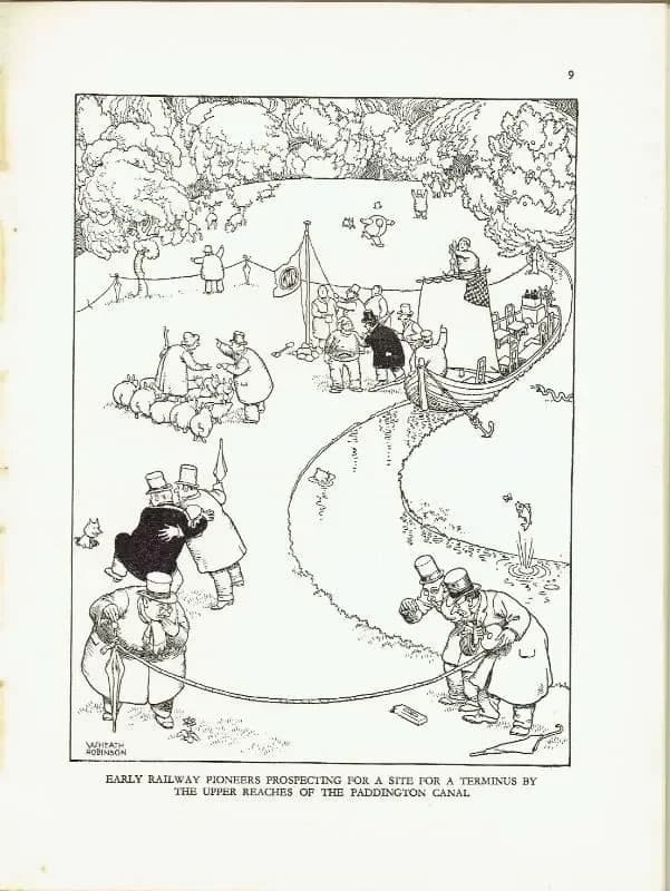 1935 Railway Pioneers Paddington Canal - Original Vintage Print By Robinson - Great Western Railway Centenary Humorous Cartoon - 7 x 9.5 in