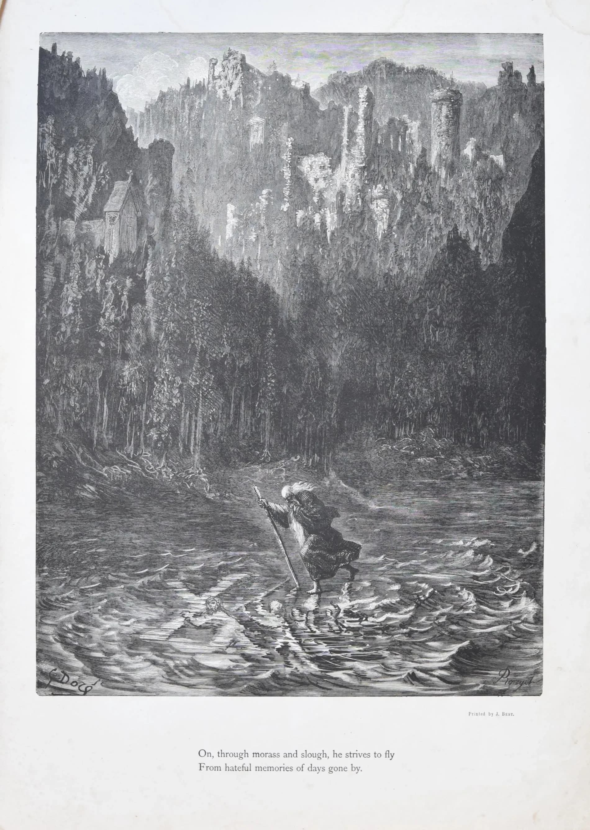 1866 Gustave Doré Legend Of The Wandering Jew Crossing River Plate 5 - Original Antique Engraving - Gothic Medieval Christian - 14 x 20 in
