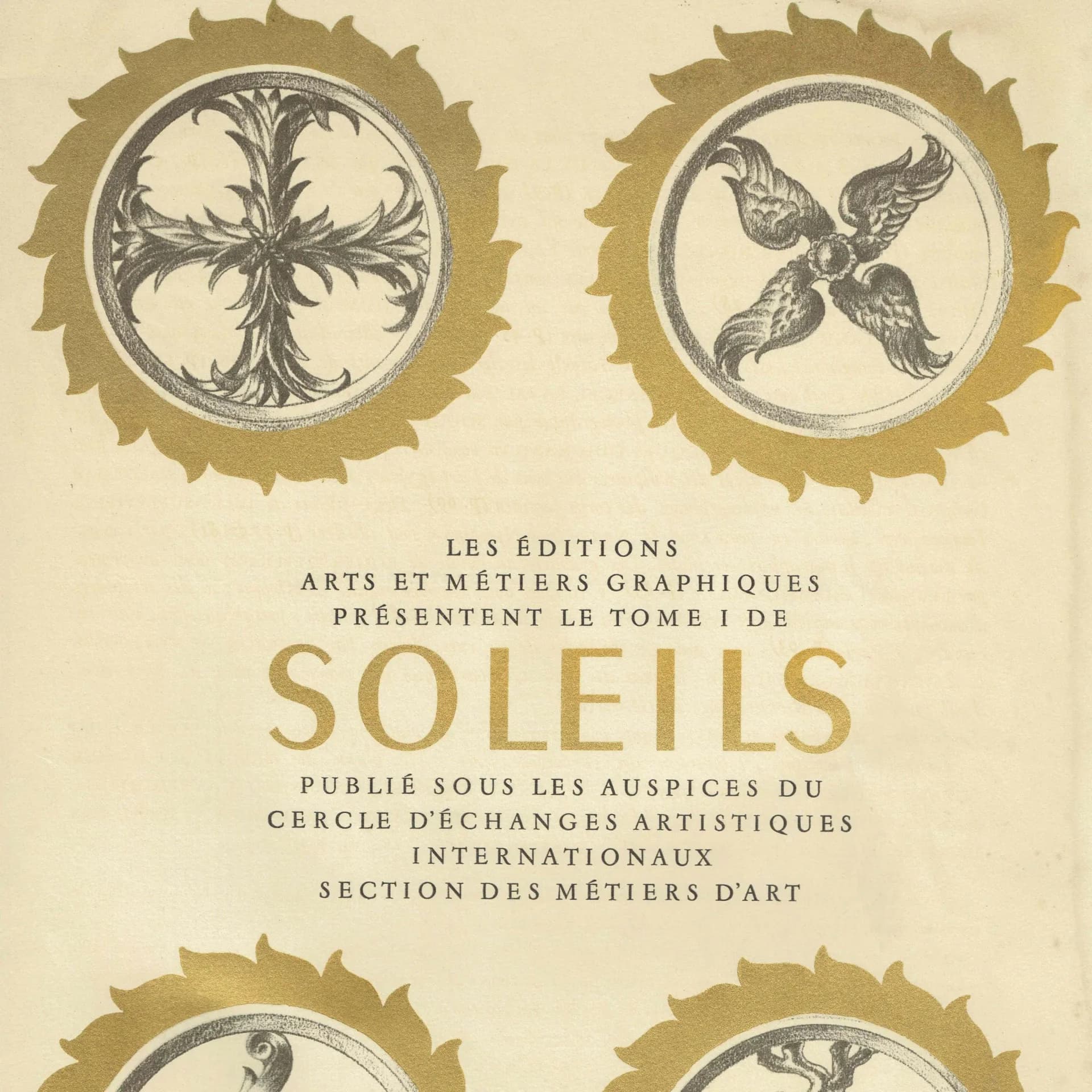 1947 Soleils Title Page Gold Sun Medallions - Original Vintage Print - Paris Luxury Folio Arts et Métiers Graphiques - 10 x 13.5 in