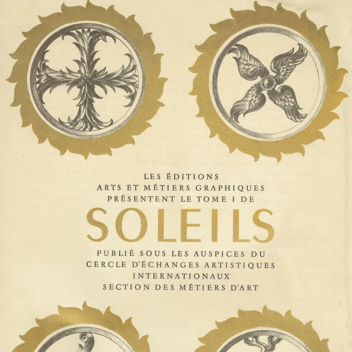 1947 Soleils Title Page Gold Sun Medallions - Original Vintage Print - Paris Luxury Folio Arts et Métiers Graphiques - 10 x 13.5 in