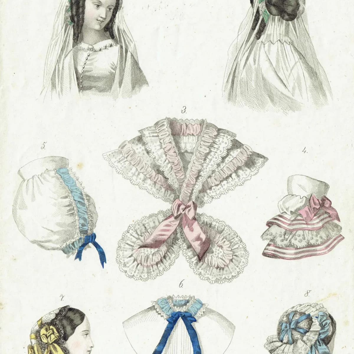 1857 Modes de Paris Print - Parisian Headwear & Collars - Hand Coloured Fashion Engraving - Vintage Costume Plate - 9.75 x 6.75