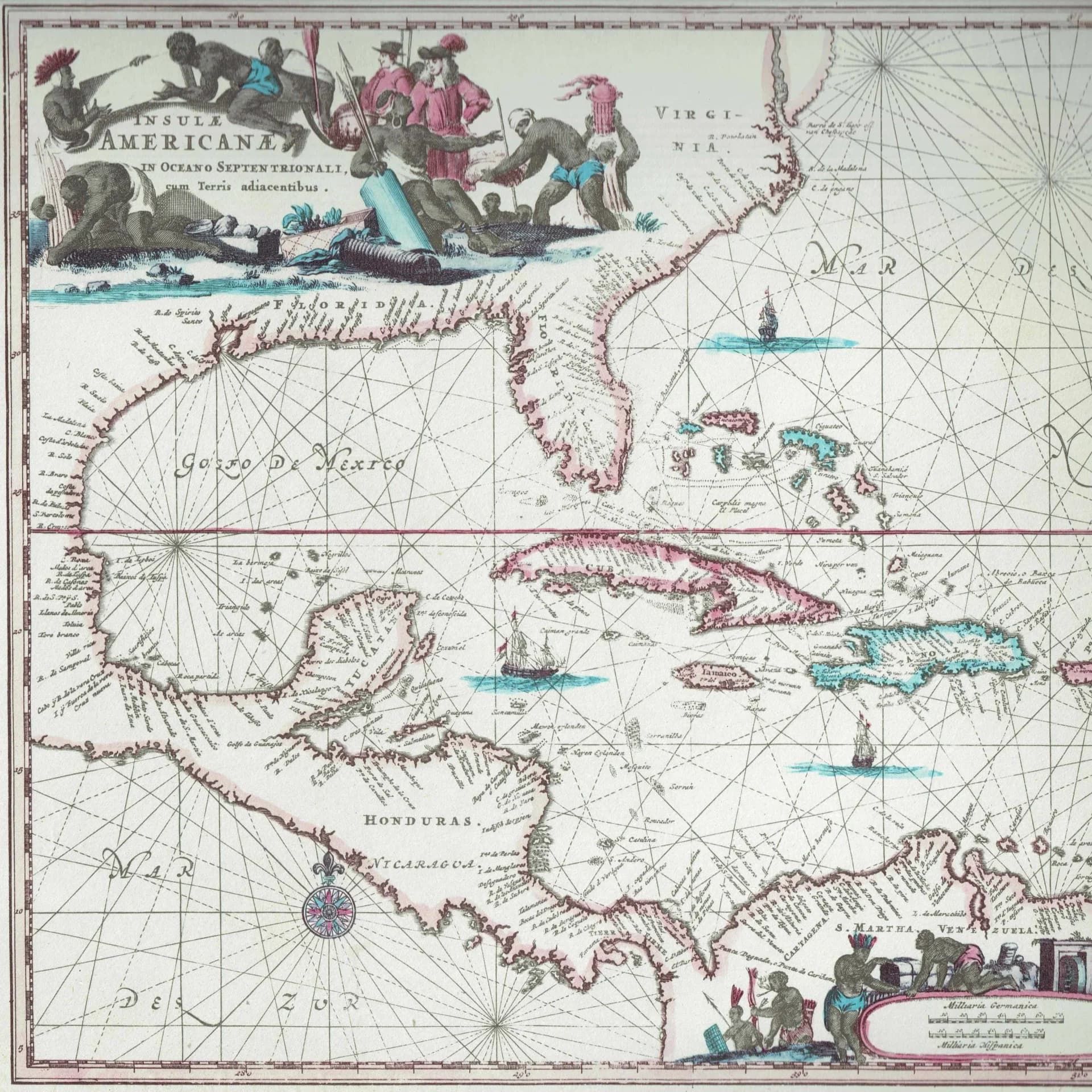 1670 Caribbean & Gulf of Mexico - Vintage Facsimile Map By Ogilby - Americas Nautical Chart Historical Geography - 14 x 11.25 in