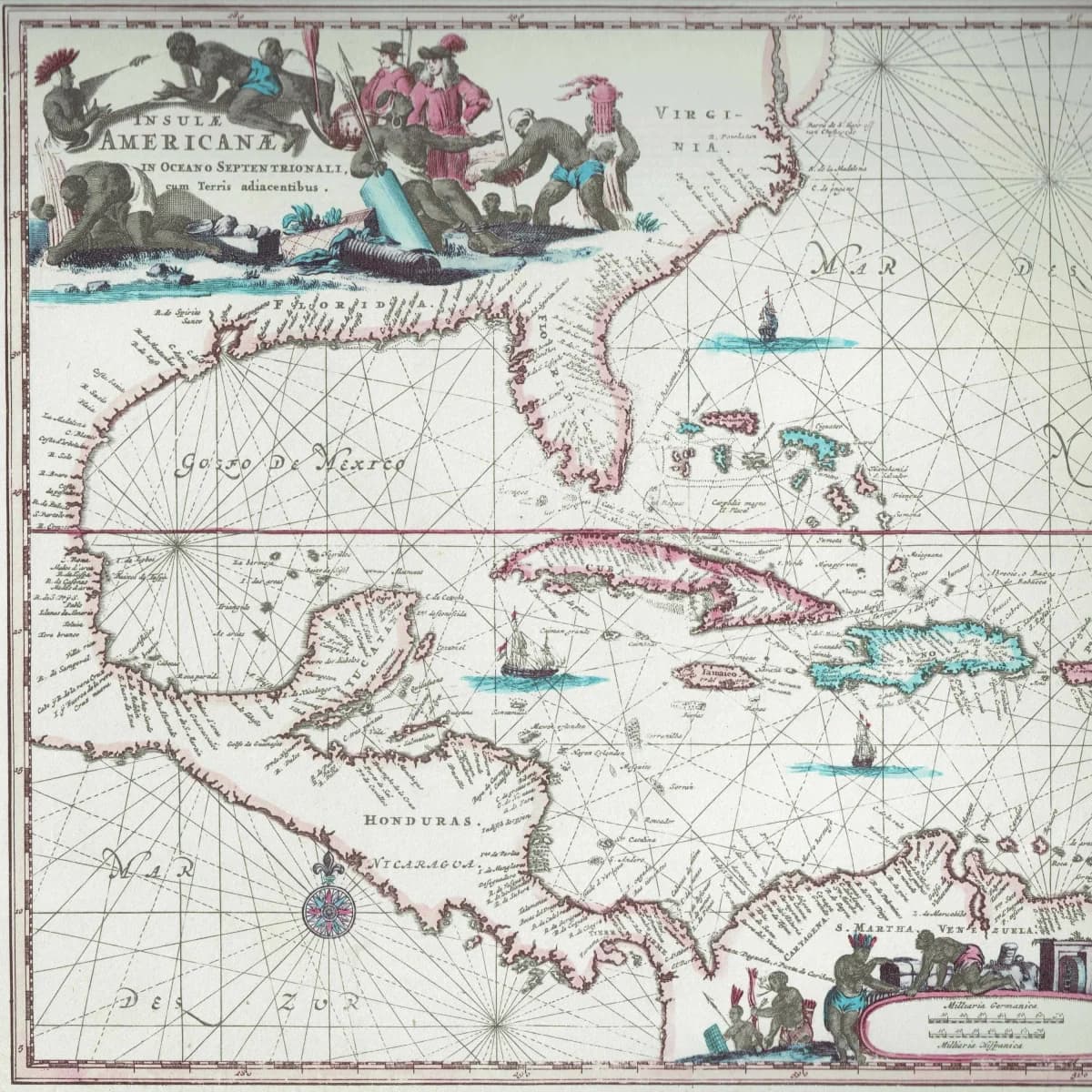 1670 Caribbean & Gulf of Mexico - Vintage Facsimile Map By Ogilby - Americas Nautical Chart Historical Geography - 14 x 11.25 in