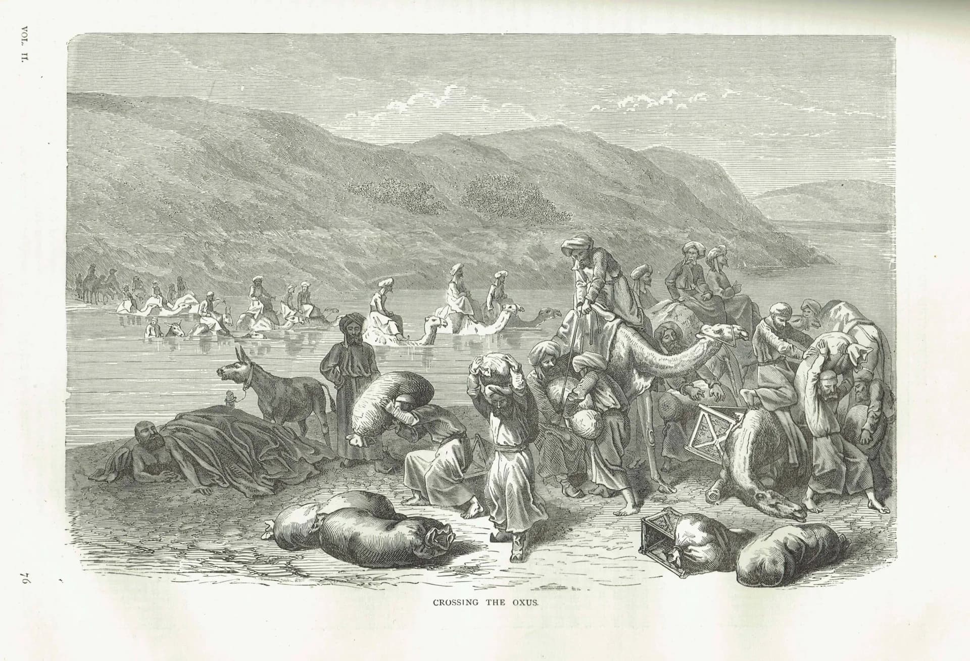 1871 Crossing the Oxus River - Antique Engraving - Central Asia Landscape Travel Scene Illustrated Travels - 11.5 x 8 in