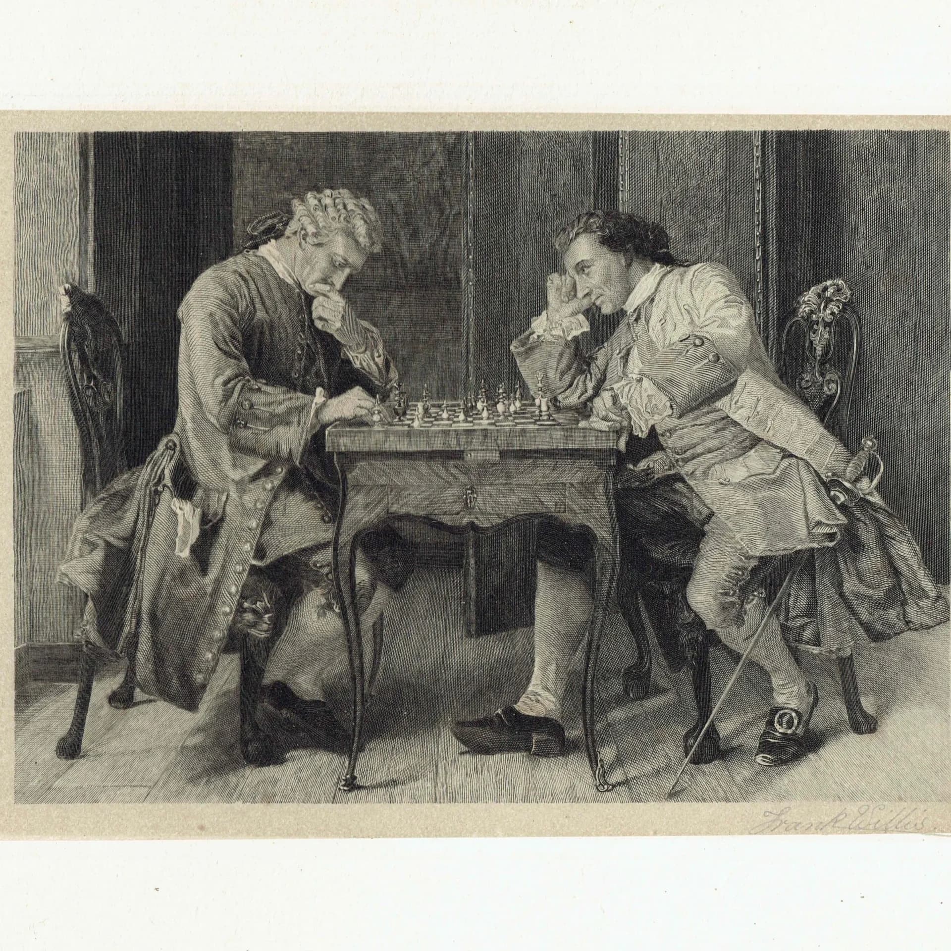 c.1890 Chess Players - Etching Signed By Frank Willis - Victorian Genre Scene Period Costume Figure Study Portrait Art - 9.2 x 6.9 in
