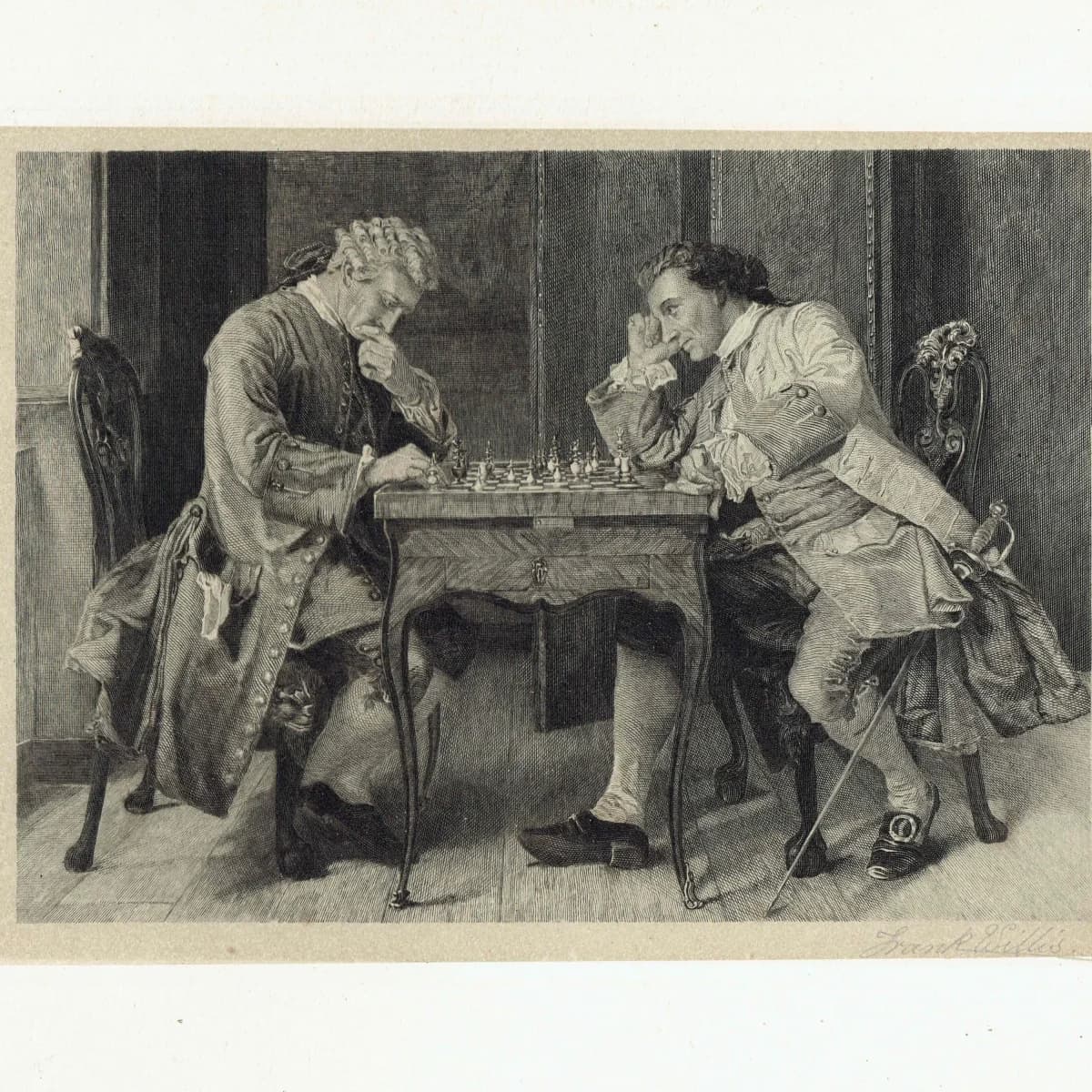 c.1890 Chess Players - Etching Signed By Frank Willis - Victorian Genre Scene Period Costume Figure Study Portrait Art - 9.2 x 6.9 in