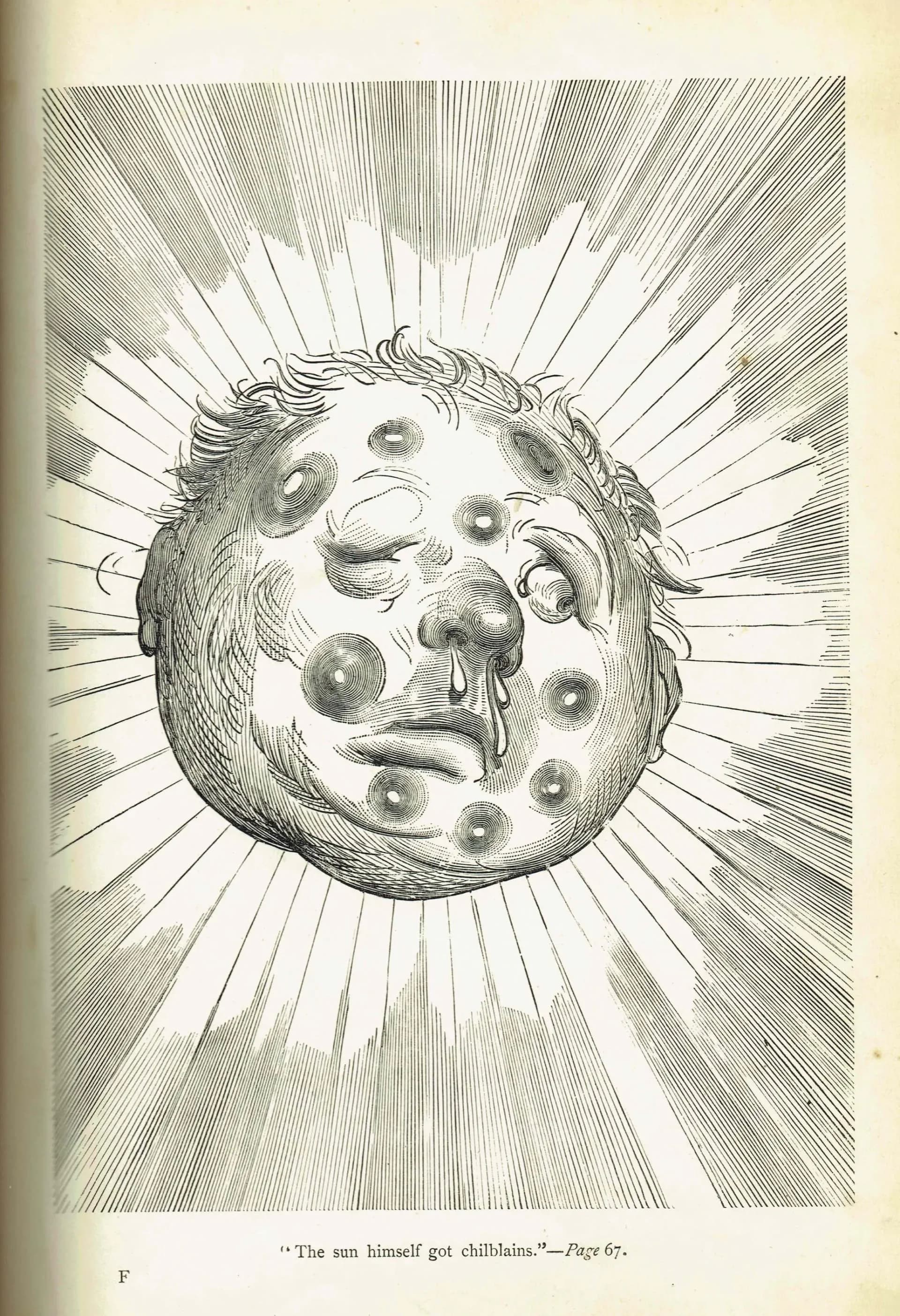 1867 Sun with Chilblains - Original Antique Print By Doré - Baron Munchausen Fantasy Portrait Tall Tales Literature - 6 x 9 in
